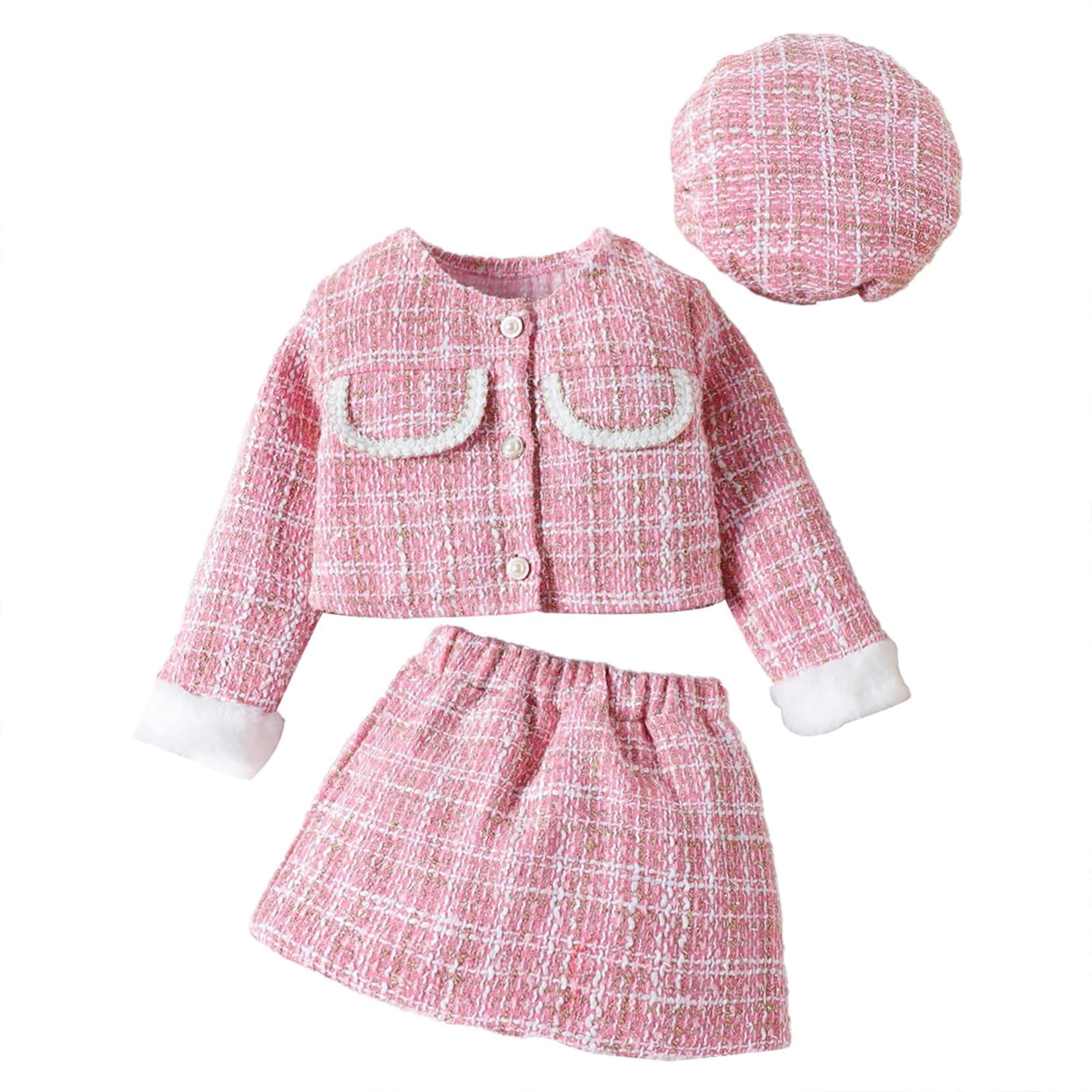 Kids Toddler Jacket Baby Girls Suit Furry Patchwork Coat + Skirt + Beret 3Pcs Long Sleeve Shirt Tops Skirts Hat Sets Kids Casual Fashionable Party Dress-image-12