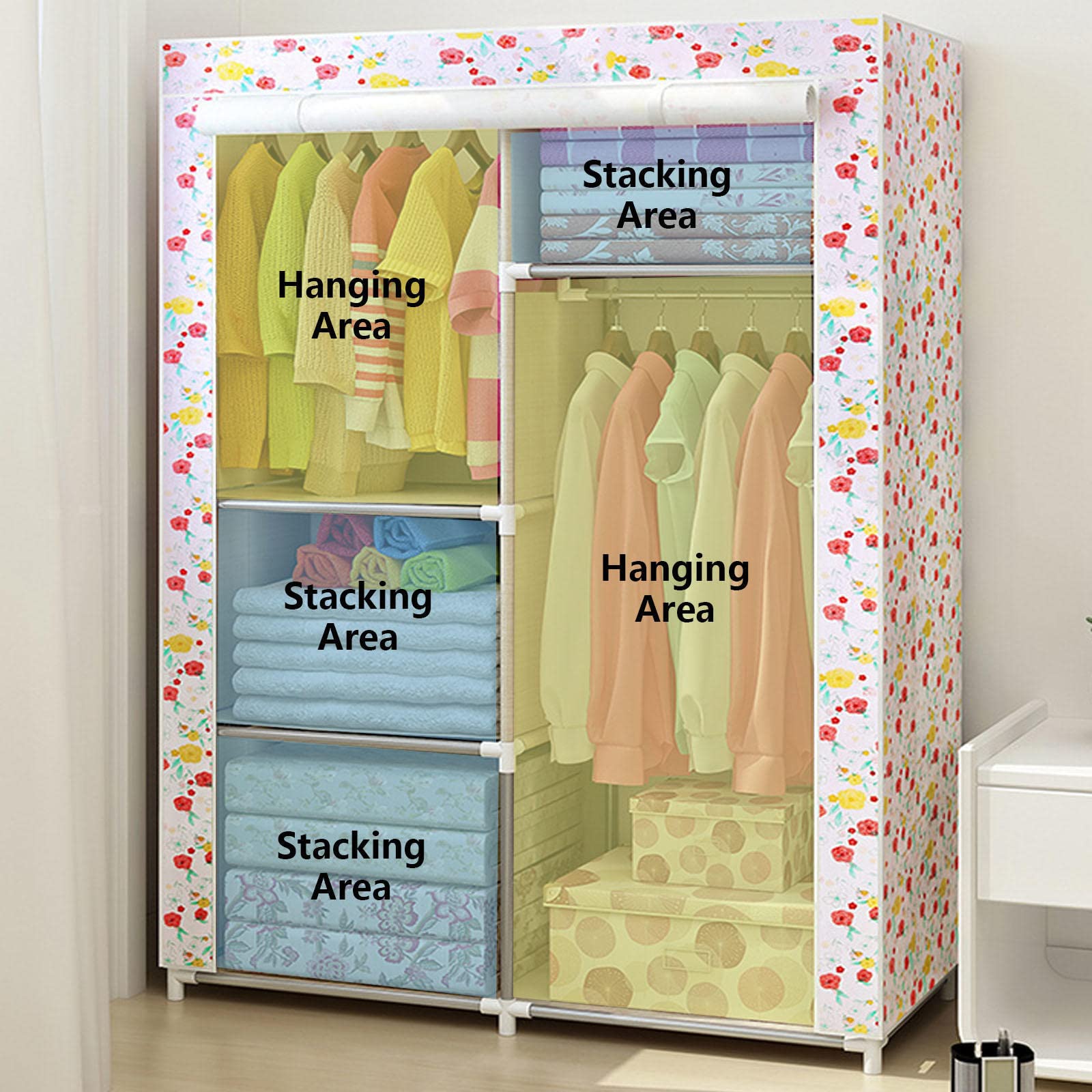 Tragbare Kleiderschrankregale, Canvas-Kleiderschrank mit Kleiderstange, Regale, Kleiderschrank-Aufbewahrungsorganisator für Schlafzimmer, Wohnzimmer, Farbe: 88 x 45 x 166 cm