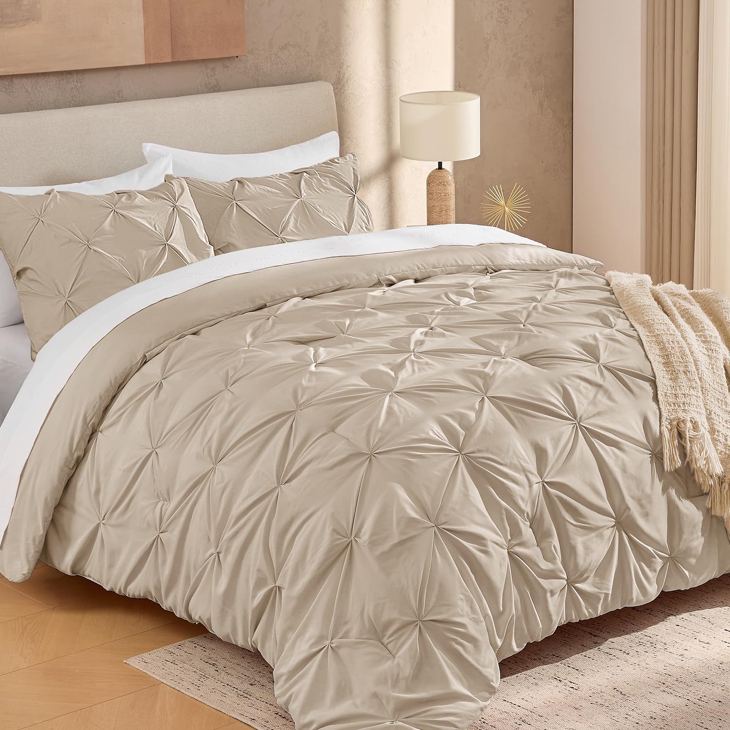 Photo 1 of Andency Oversized King Comforter Set - 3 Piece Pinch Pleat Khaki Bedding