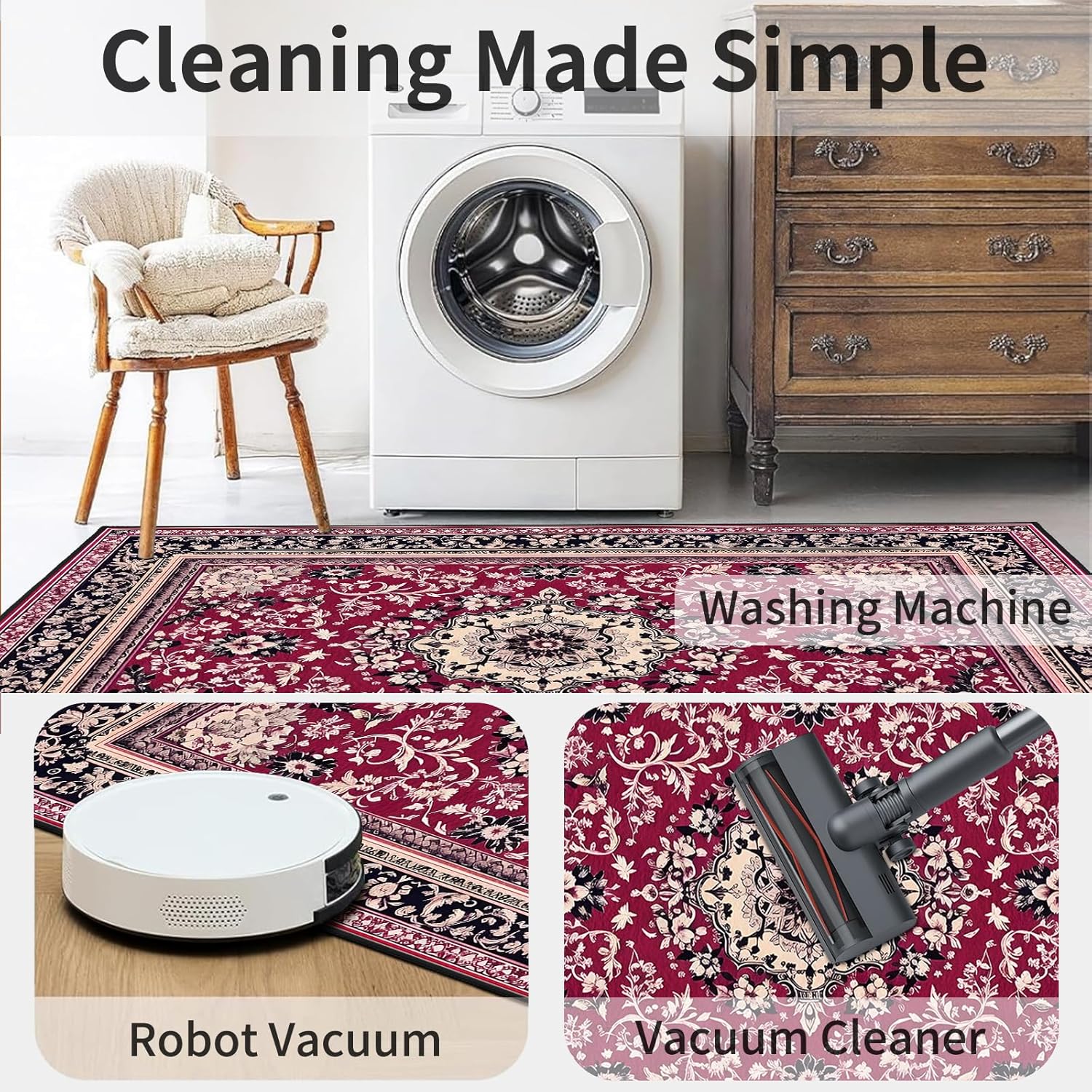 AQQA Luxury Traditional Area Rug, 5x7 Large Oriental Medallion Carpet, Red & Burgundy Vintage Floral Rug for Living Room, Dining Room, Bedroom, Non-Shedding & Low Pile, Machine Washable Floor Cover