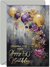 Beautiful Gold 50th Birthday Cards for Women Men - Golden Party Balloons - Elegant Traditional Pretty Birthday Card for 50 Year Old Woman Man Her Him, 5x7 Inch Gorgeous Greeting Cards Gift