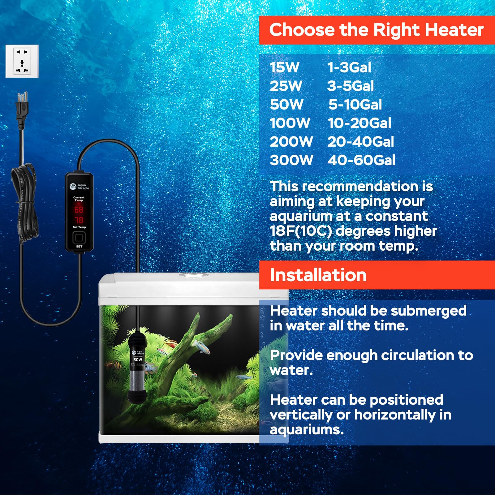 AquaMiracle Calentador pequeño de acuario de 100 W, calentador de pecera, calentador de tanque de tortuga para tanques de 10-20 galones, con pantalla LED dual, protección contra sobrecalentamiento y