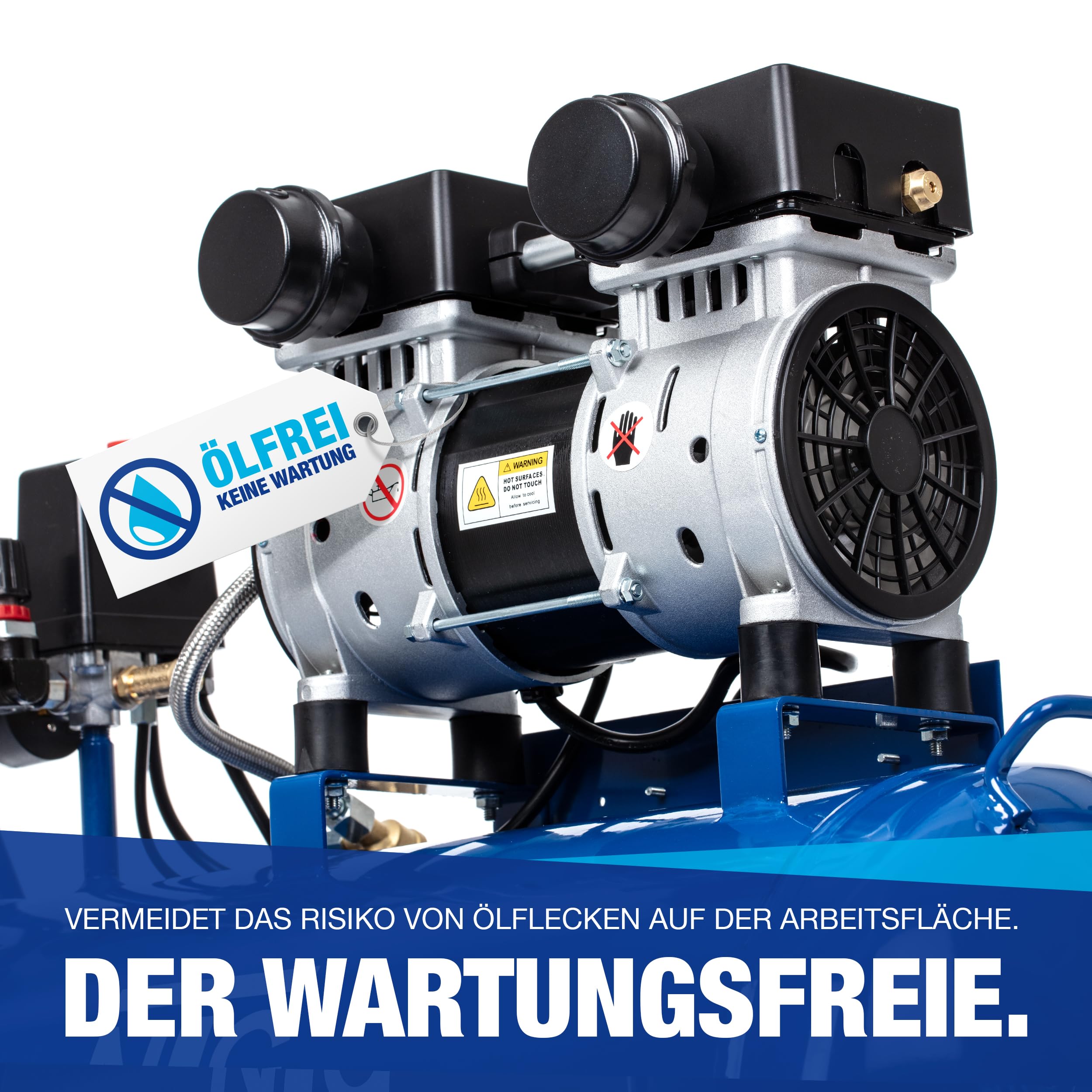 NTG Silent Compresseur 9 bars | Réservoir de 50 litres | Puissance puissante 1470 W | Sans huile | Particulièrement silencieux et flexible à utiliser avec manomètre et régulateur de pression Réservoir