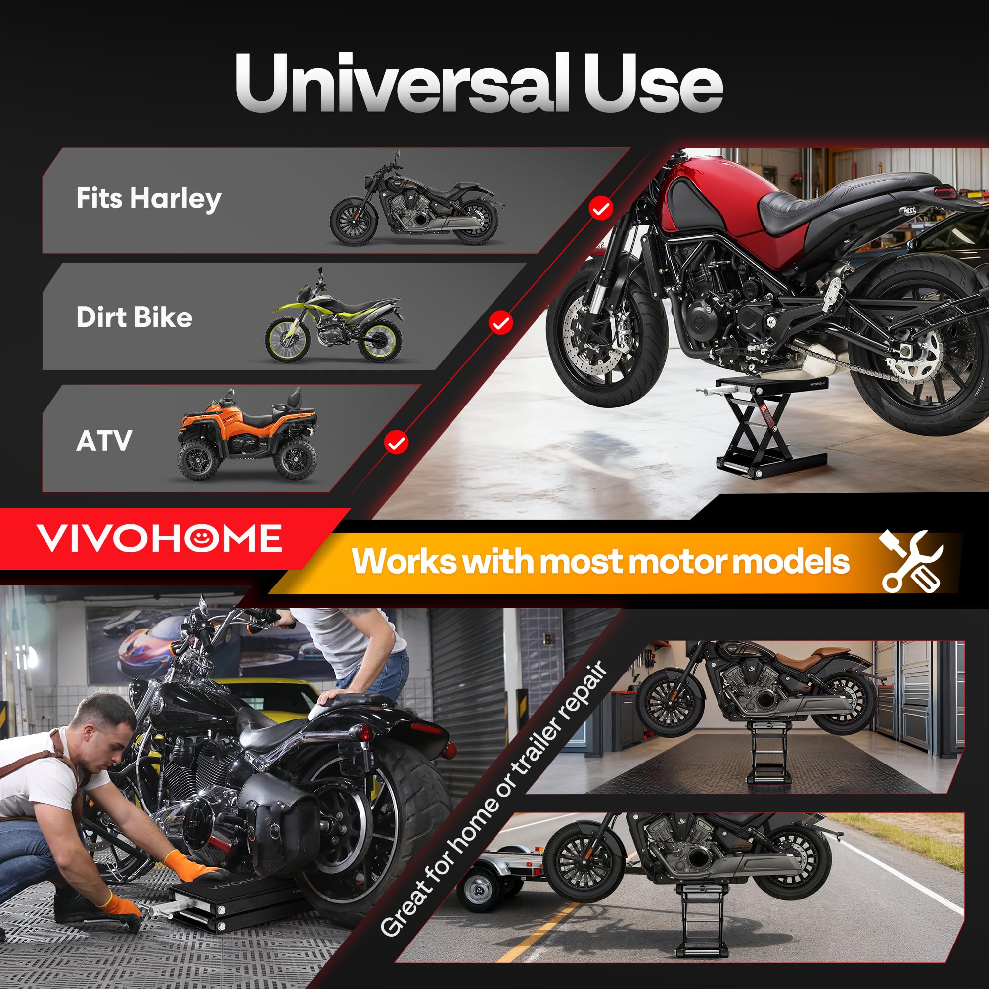VIVOHOME - Soporte de acero para moto, elevador, para motos, cuatrimotos, motos, motos de suciedad, color negro