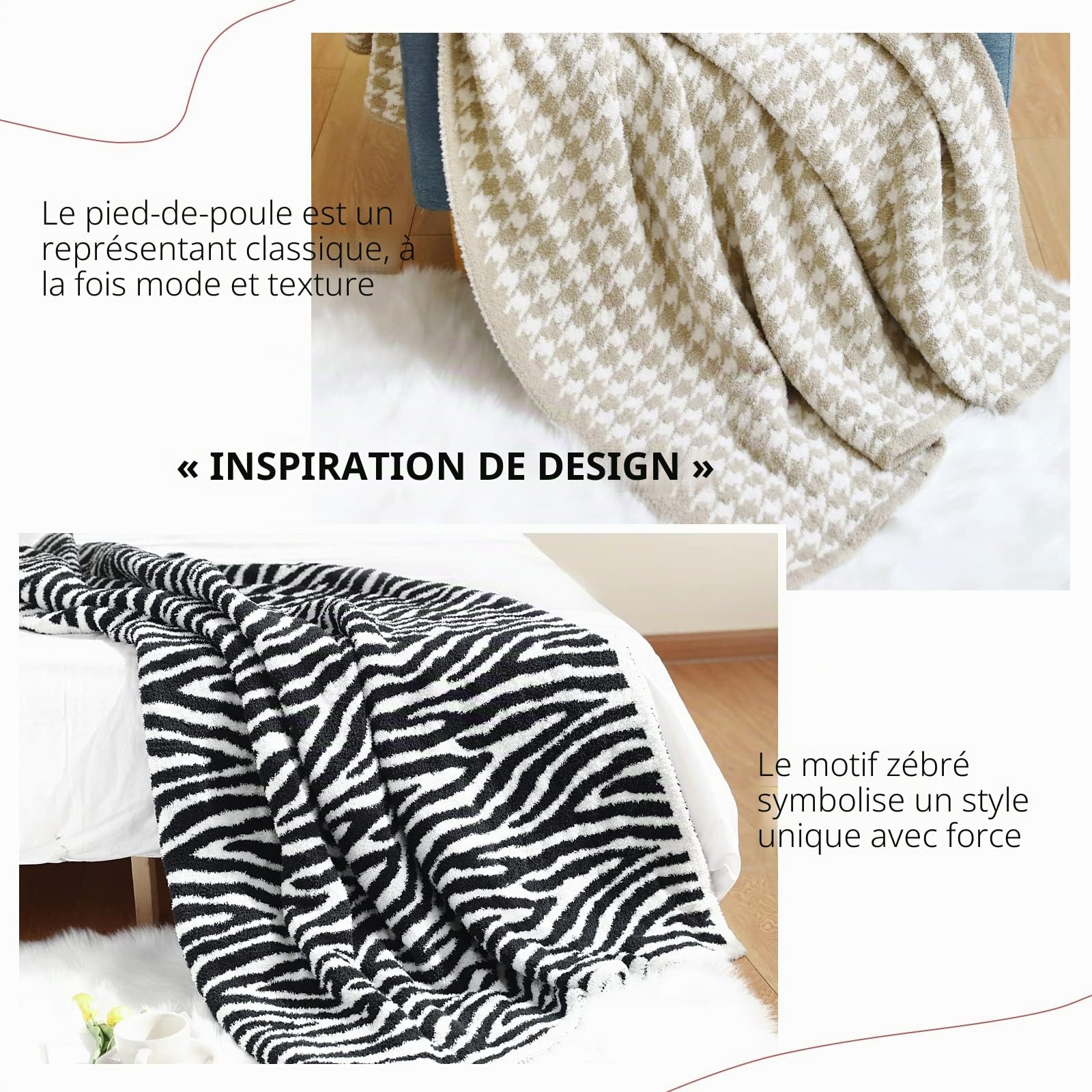 LumiSyne Plaid Polaire Style Simple Classique Motif Zèbre Pied De Poule Douillette Doux Couverture pour Canapé Lit Chaud Jetés De Lit Peluche Salon Voyage 170x130cm