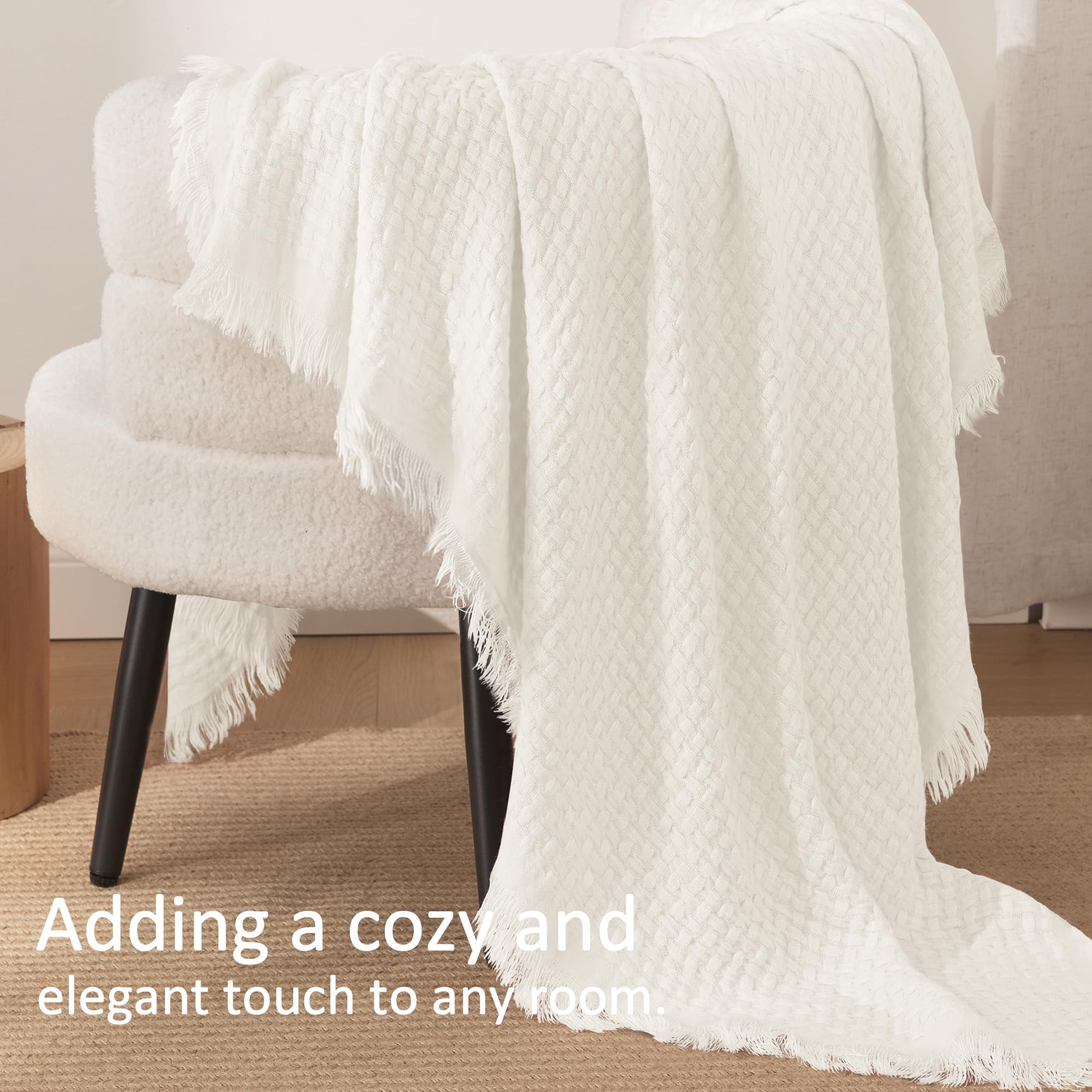 Exclusivo Mezcla Kuscheldecke Strickdecke mit Fransen, Weiche und Leichte Tagesdecke Bettüberwurf mit strukturierter Optik für Sommer, 130x150 cm, Elfenbein