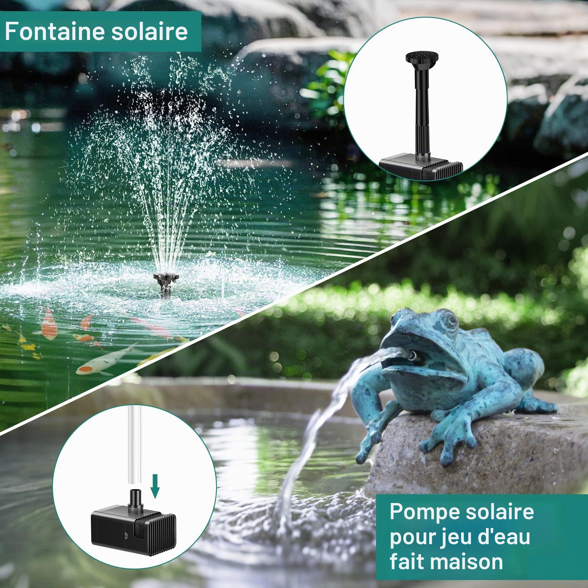 Biling Pompe Solaire de Bassin avec Batterie, 8 W, 300 l/h, Silencieuse, avec 8 Buses, Fontaine Solaire Extérieure avec Tuyau d'Écoulement pour Bassin de Jardin, Ventilation jusqu'à 500 l