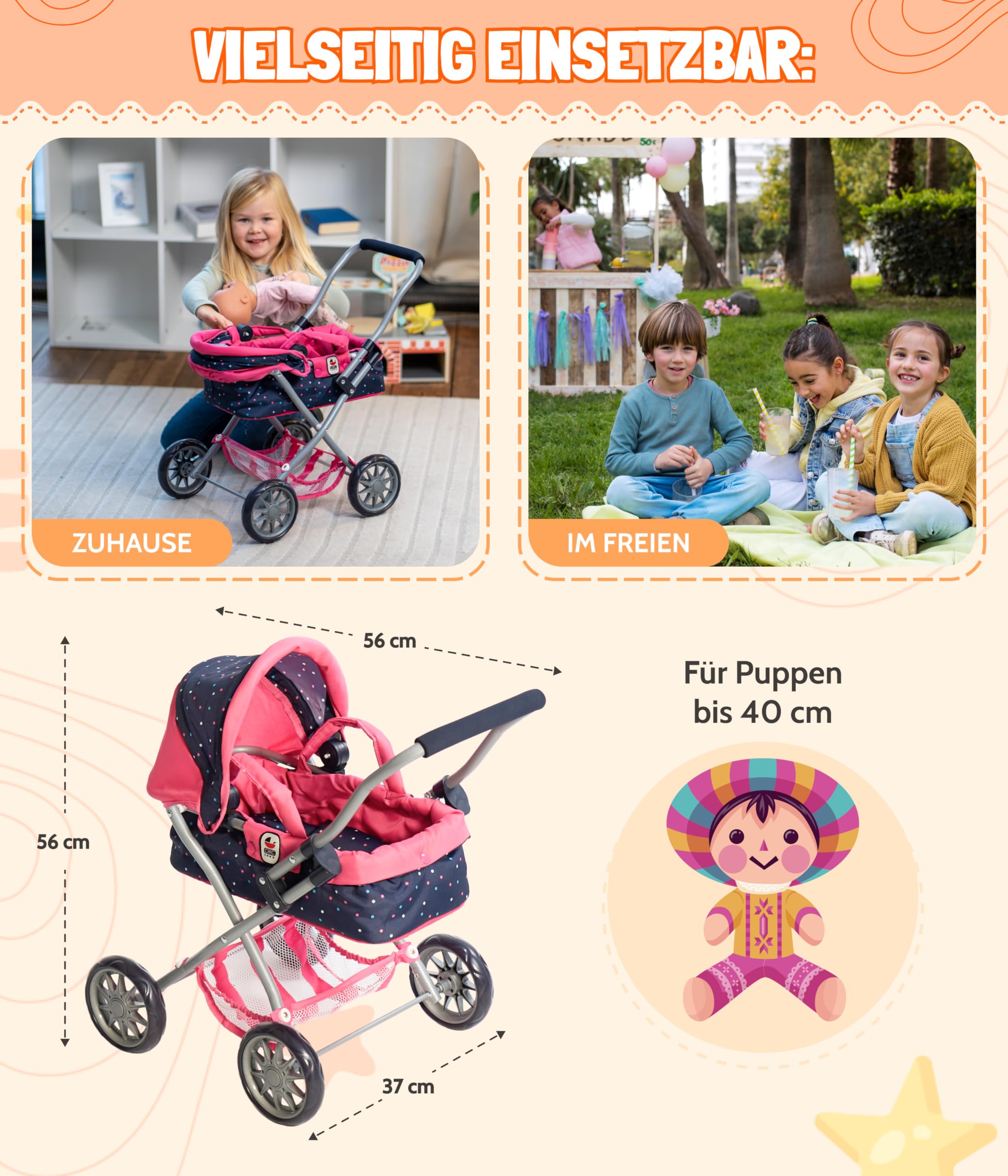 Bayer Chic 2000 - Cochecito de muñecas Smarty, pequeño Cochecito para niños a Partir de 2 años, Cochecito de Juguete, Confeti, Color Rosa