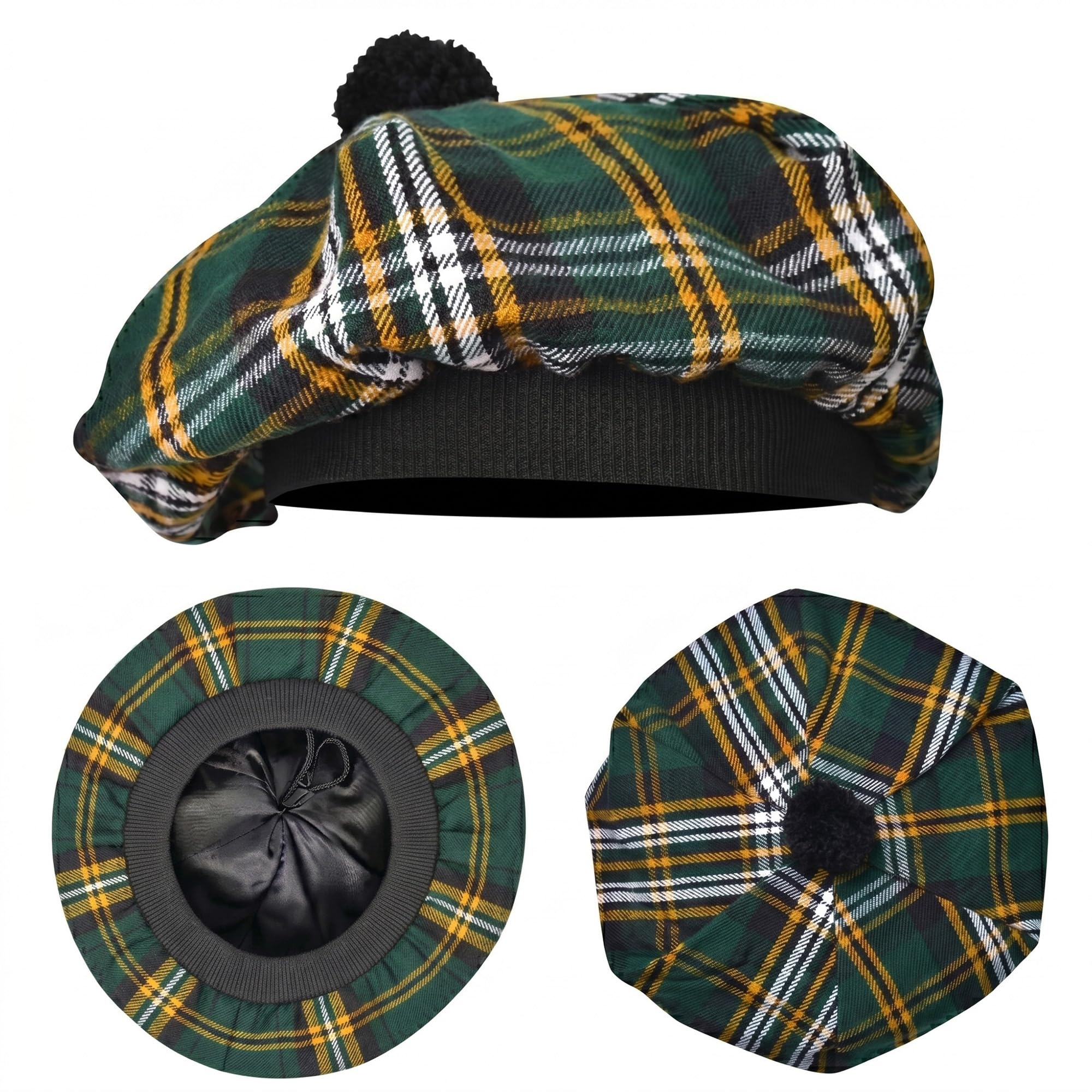 H HIGHLAND REDSTONE Scottish Hat Tam o Shanter Scottish Bonnet Tartan hat Acrylic Wool with Pompom (UK, Alpha, One Size, Irish Heritage)