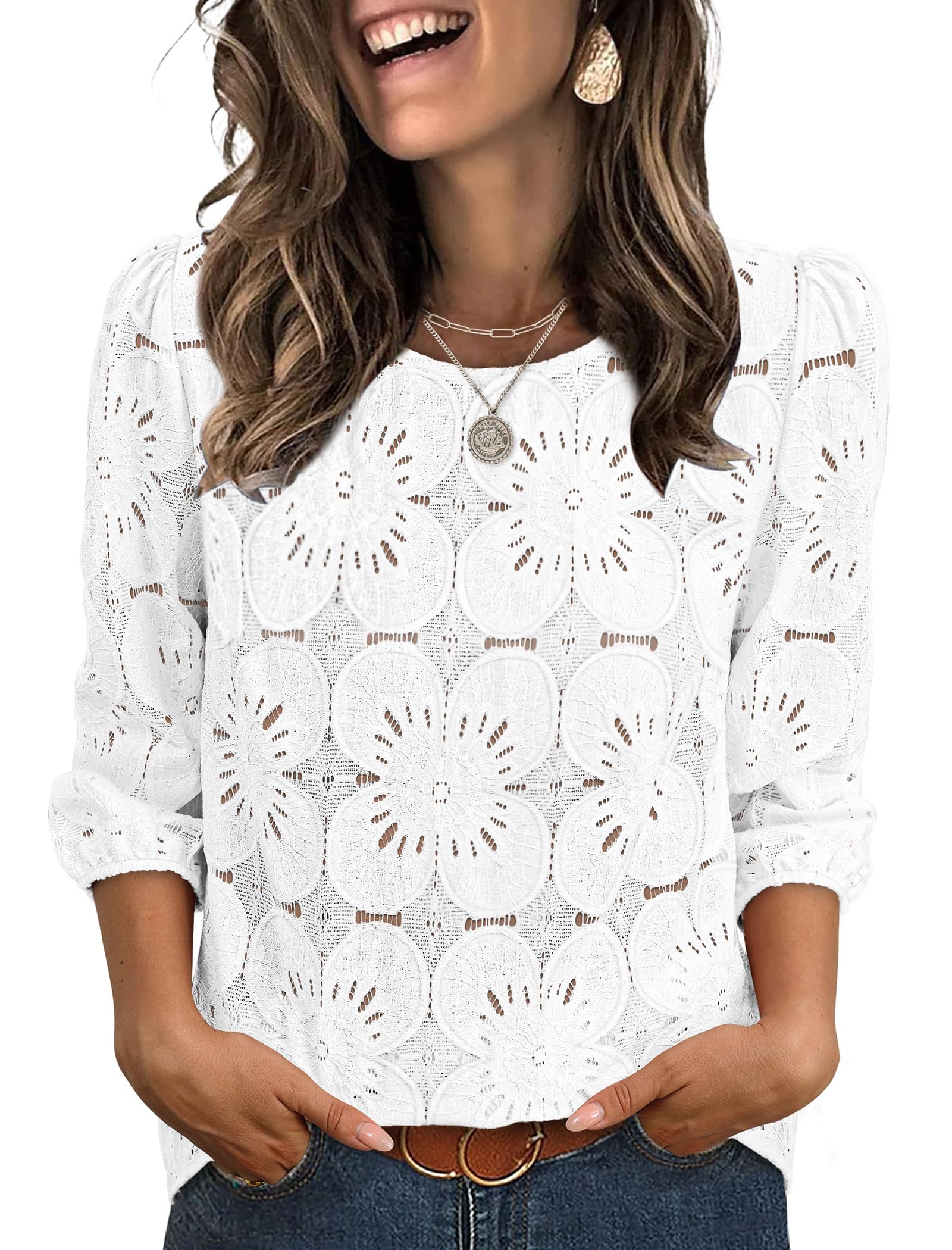 Sampeel Women Blouses Dressy Casual 3/4 Length Sleeve Tops Eyelet Lace Spring Summer Shirts Beach Vacation Clothes