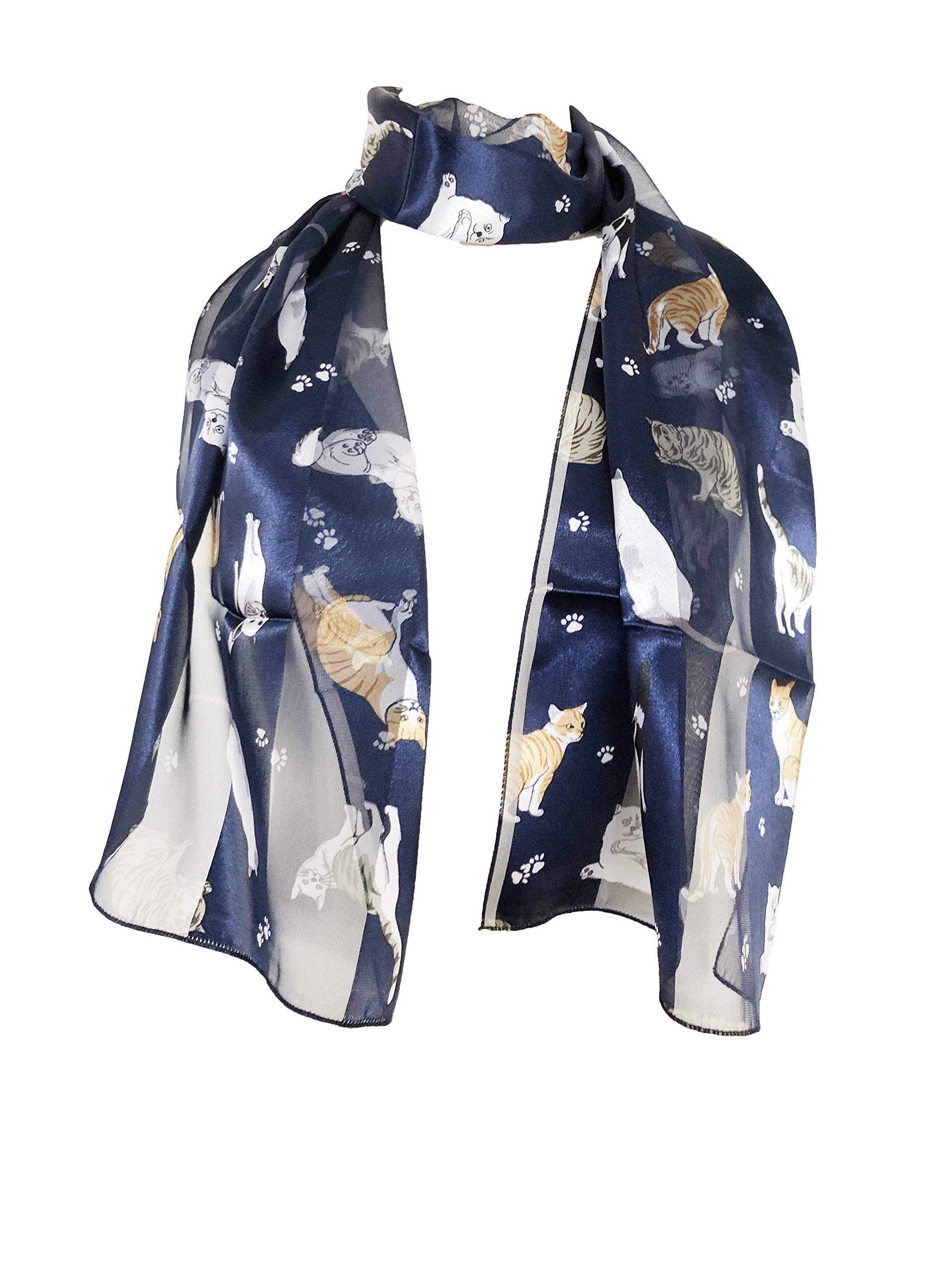 Pamper Yourself Now Blue shiny cat scarf with multi-coloured cats thin scarf.