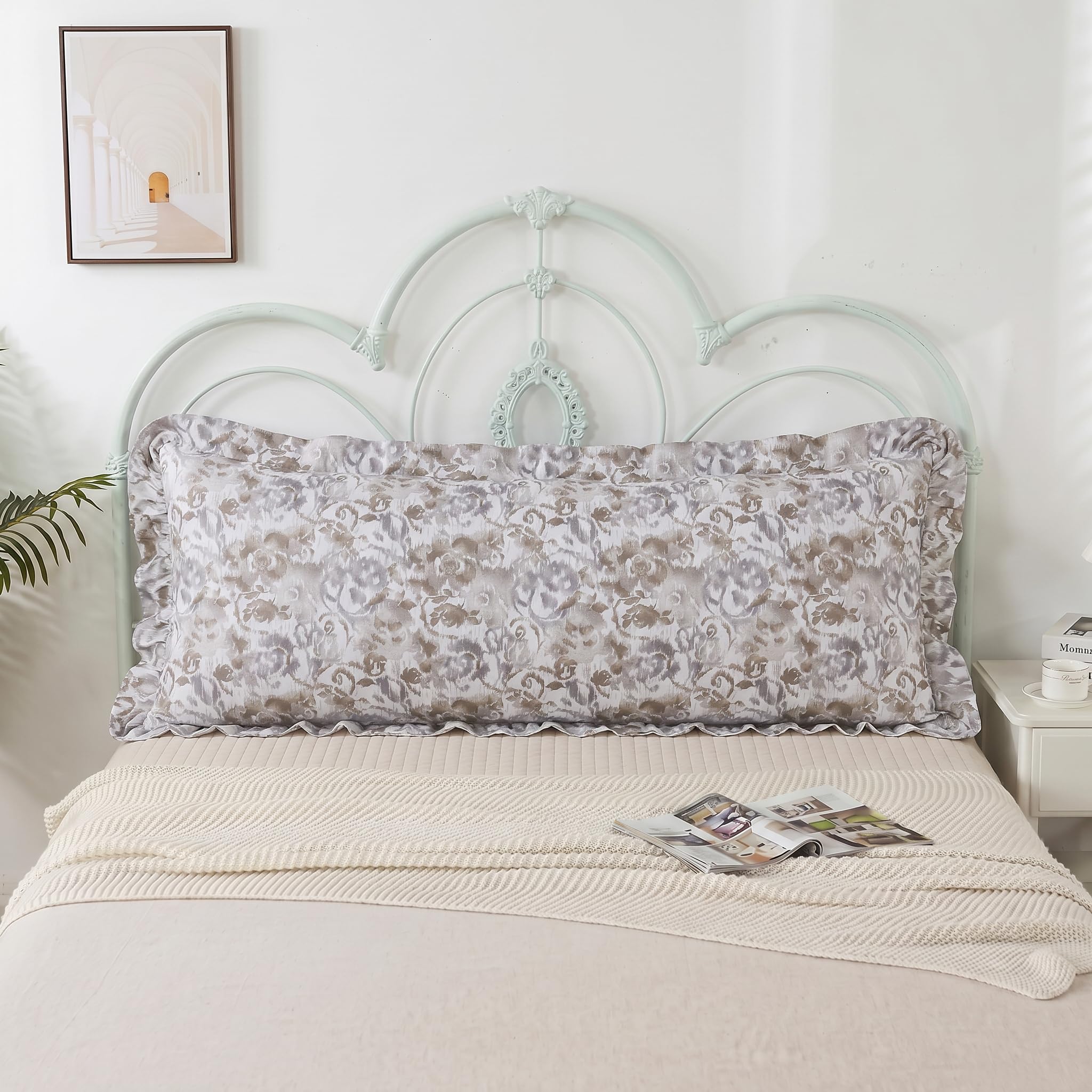 Linenwalas Printed Body Pillow Cover 20 x 54 Inch with Elegant Ruffle Border | 100% Cotton Long Pillowcase for Body, Cuddle & Pregnancy Pillows (Sand Stone)-image-3