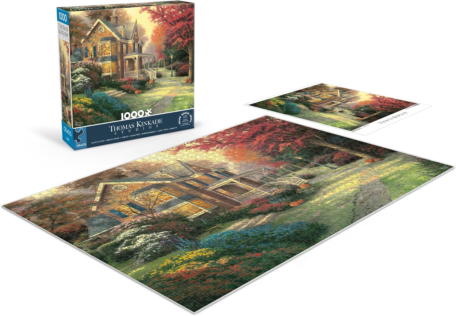 Ceaco - Victorian Autumn -1000 Piece Jigsaw Puzzle by Thomas Kinkade Studios - Cozy Fall Porch Scene with Pumpkins and Foliage - Made in USA - Bonus Poster Included