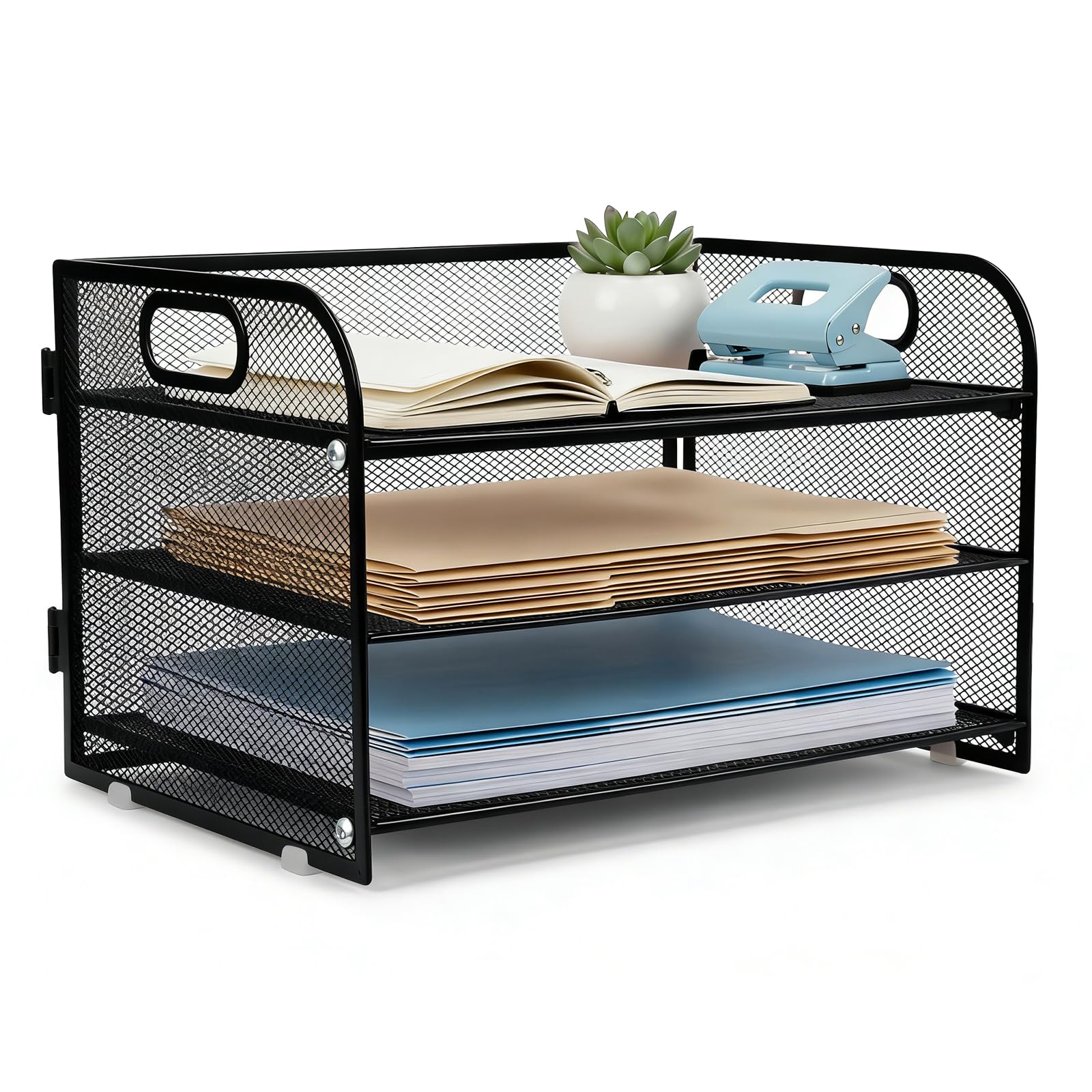 M.J COMFY-LIFE 3 Tier Paper Letter Tray with Handle, Metal Mesh Desk File Organizer for A4 Paper, Stackable Desktop Document Holder, Magazine Sorter for Home Office School Supplies (Black)