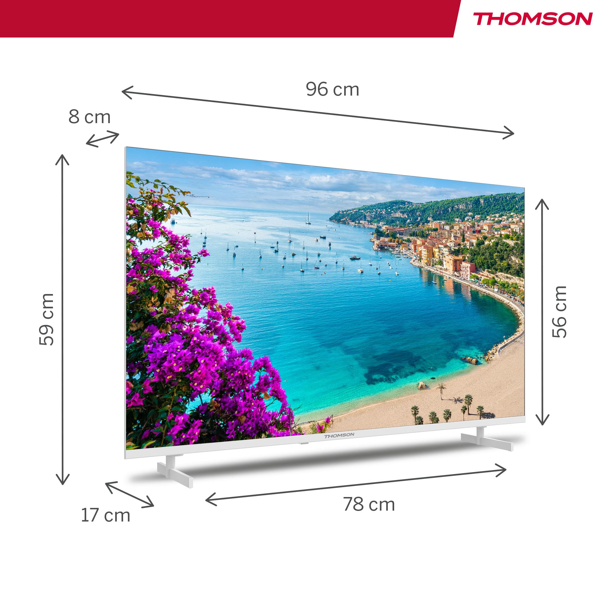 THOMSON 43 calowy (109 cm) 4K Ultra HD Biały Smart Android TV, Google Assistant, Wi-Fi, Dolby Digital, Bluetooth, Triple-Tuner (Kabel/Satelita/Antena), HDMI, CI+, A+ Płyta – 43UA5S13W