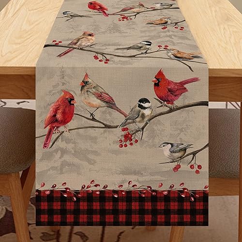 Seliem Camino de mesa vintage con ramas de pájaros, bufanda de invierno cardenal de gallina y bayas, decoración de cuadros de búfalo rojo y negro,
