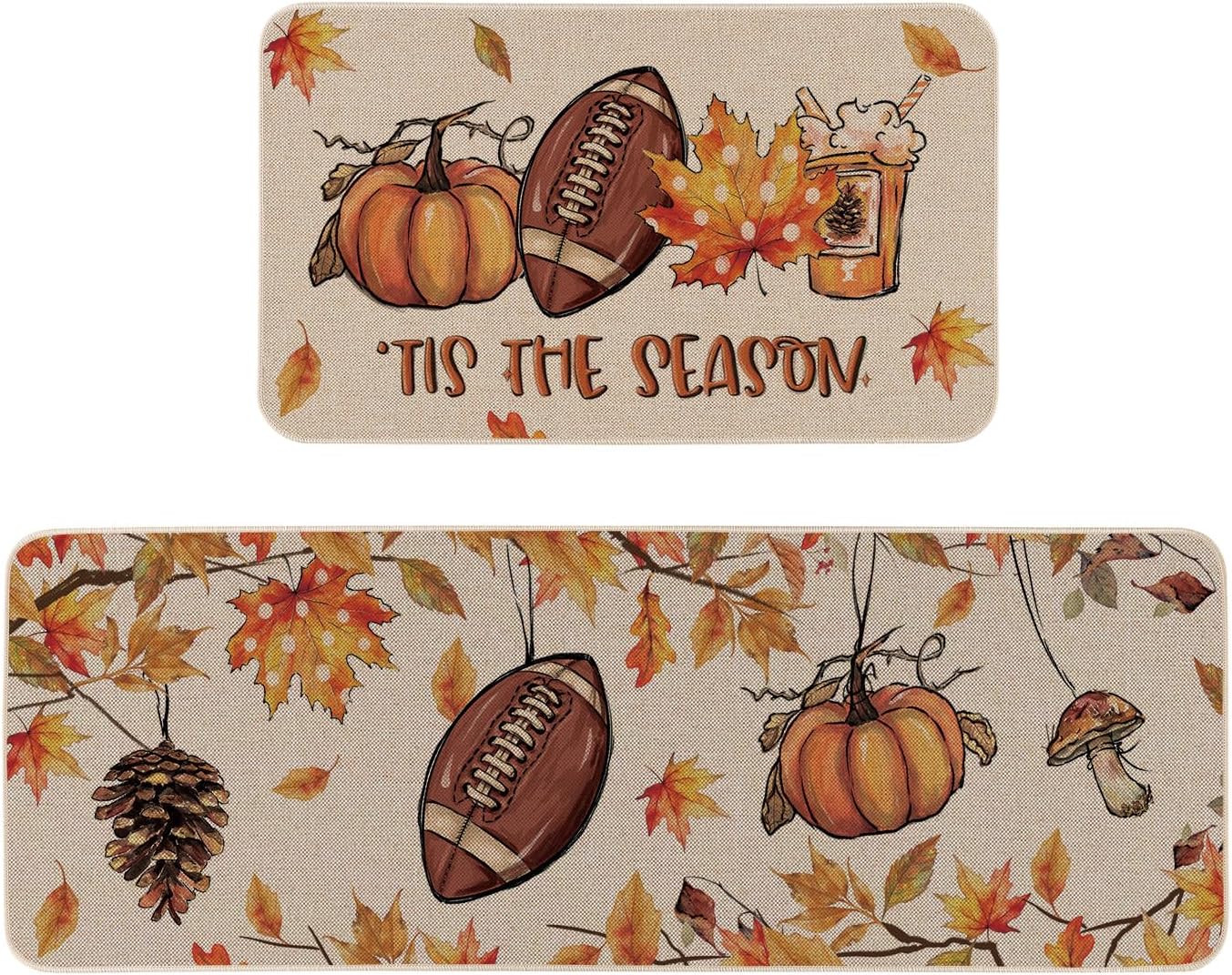 Moutina Tis The Season Football Fall Leaves Kitchen Rugs Set of 2, Autumn Thanksgiving Holiday Home Decor Low-Profile Kitchen Mats for Floor - 17x29 and 17x47 Inch