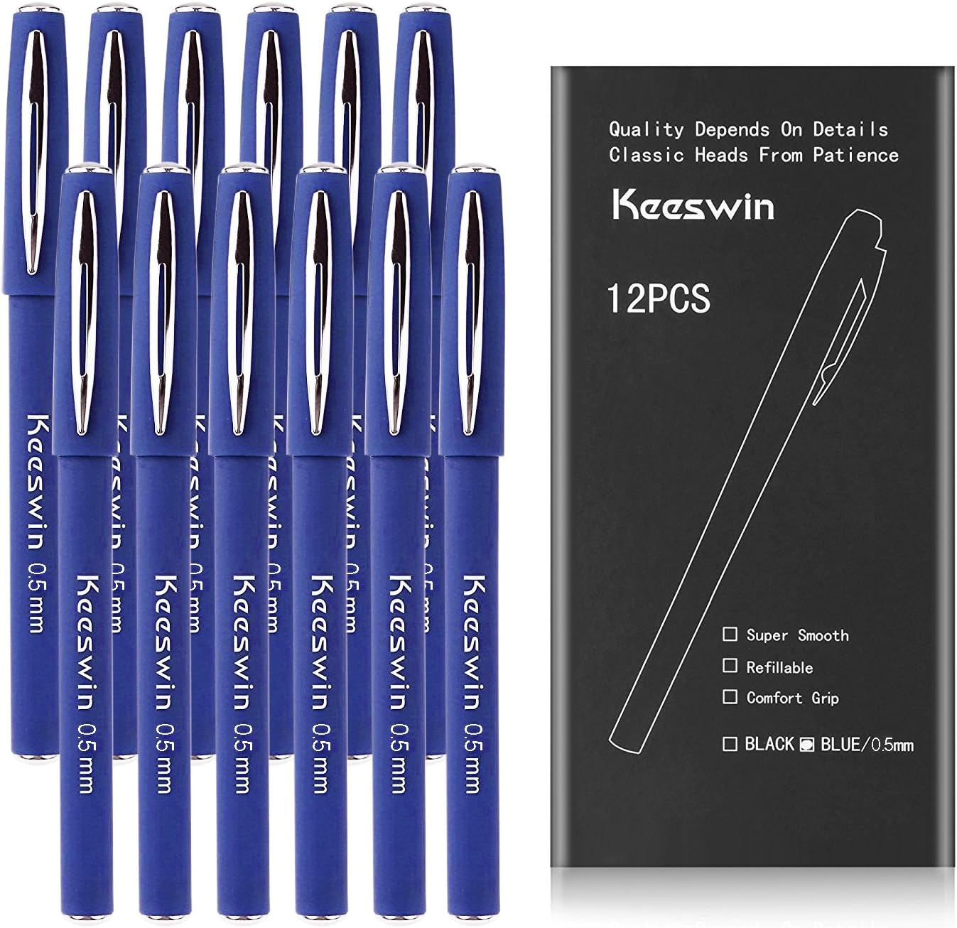 Keeswin Ball Pens 12 Packs, 0.5mm Medium Gel Ink Rollerball Pens, Refillable Ballpoint Pen Set for Office and School (Blue)