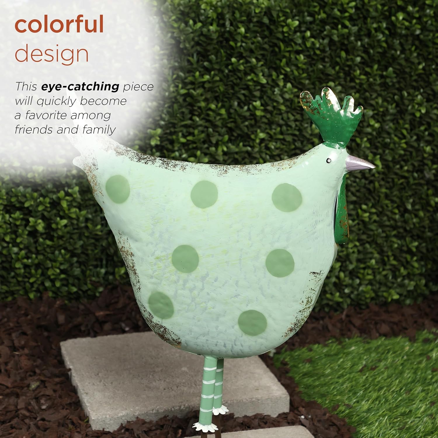 Alpine Corporation 21" Tall Outdoor Metal Polka Dot Standing Hen Yard Statue, Green