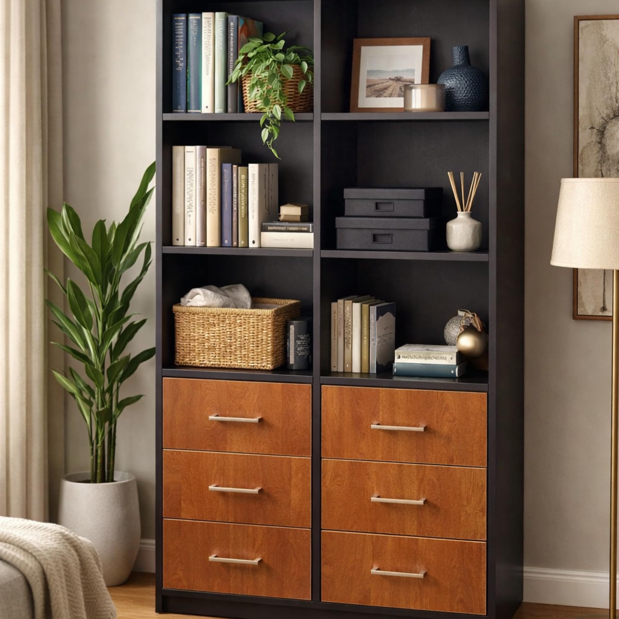 Modern Wooden Storage Cabinet with Open Shelves, Black and Walnut Finish, 900x400x1500mm, Multi-Purpose Bookshelf Display Unit for Home and Office-image-44