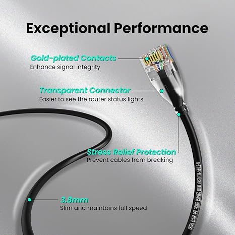 CableGeeker Cat 6A Slim Ethernet Patch Cables, 3 ft, 5-Pack, Black