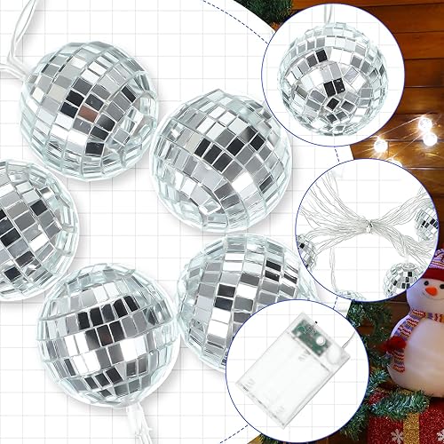 Miniatura 4 de Cunno Guirnalda de 40 luces LED de bola de discoteca para decoración de 9.8 pies, espejo de discoteca, funciona con pilas, adornos de globo de bola