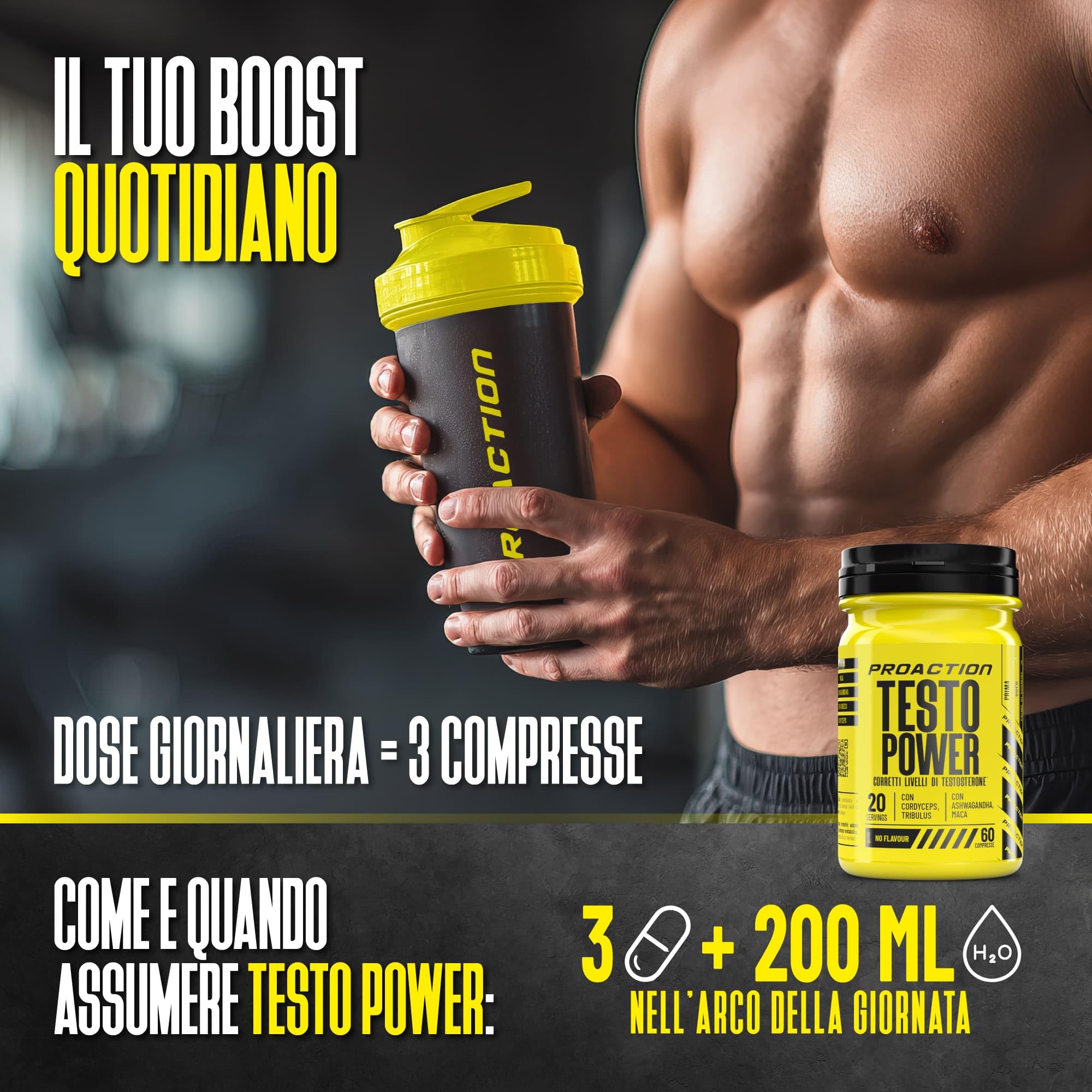 ProAction TESTO POWER | Testosterone Booster con Alto Dosaggio di Tribulus Terrestris, Maca Nera, Fieno Greco, Ashwagandha e Zinco | Integratore Testosterone Uomo per Aumento Massa Muscolare | 60 cpr