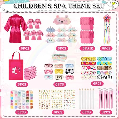 Vista 2 de Suhine Juego de 6 juegos de spa para niñas, suministros para fiesta de cumpleaños, bata de satén, bolsas de mano, kit de salón de uñas (serie rosa)