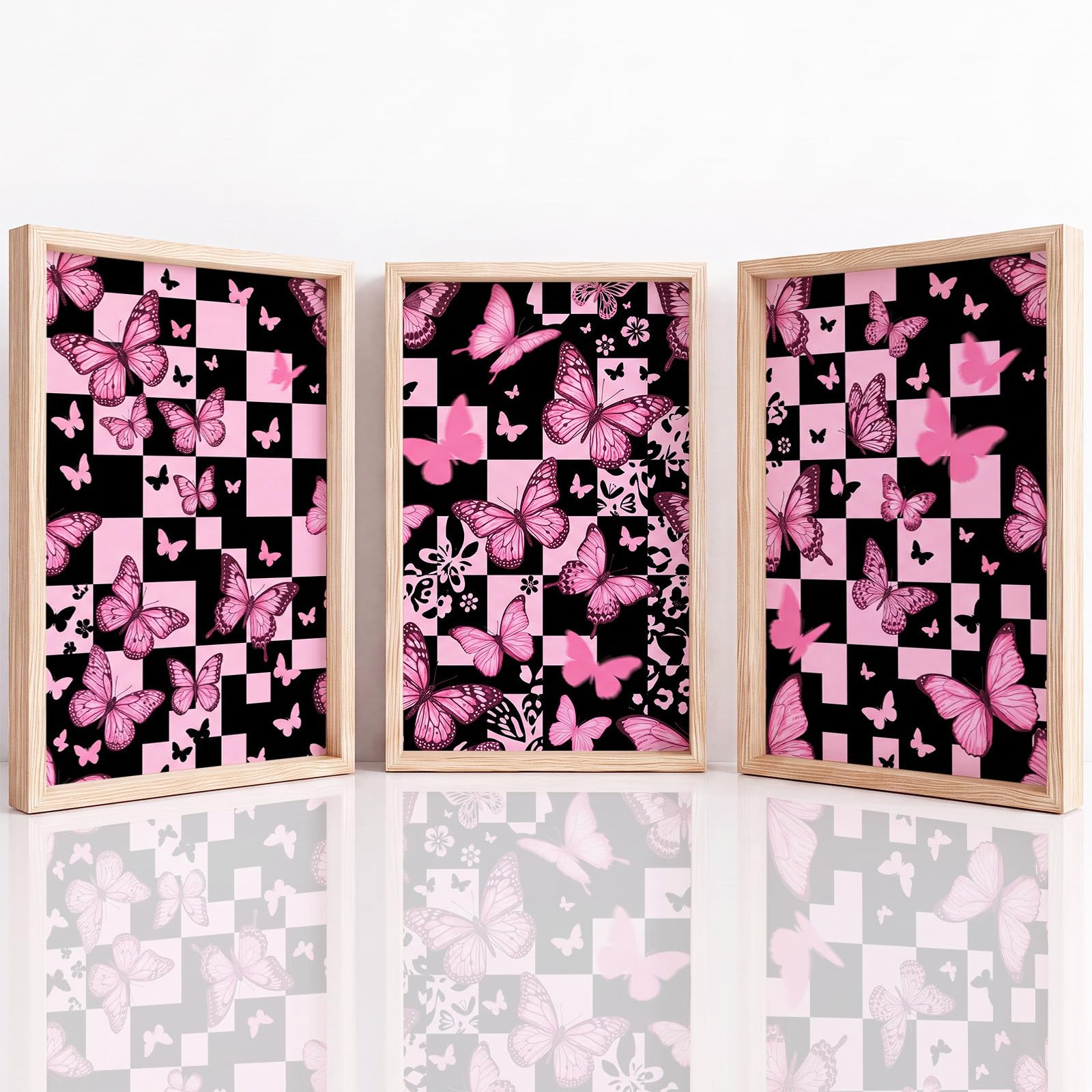 Generisch Juego de 3 pósteres Y2K a cuadros, cuadros negros y rosados, mariposas en negro, para salón, dormitorio, comedor, arte de pared, sin marco, lienzo (40 x 60 cm)