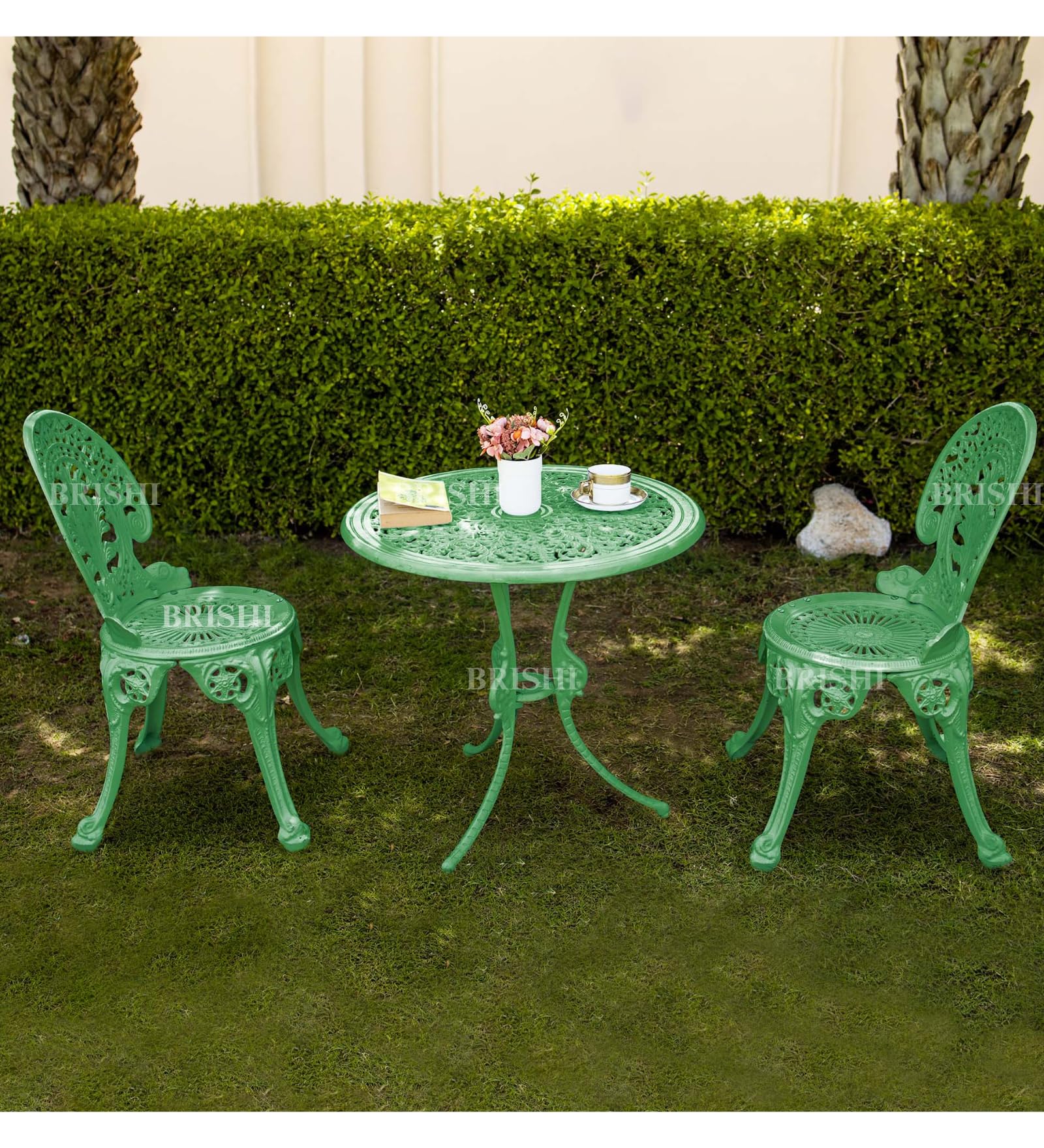 BRISHI Cast Aluminium Garden Patio Seating Chair and Table Set for Balcony Outdoor Furniture with 1 Table and 2 Chair Set (Green)-image-8