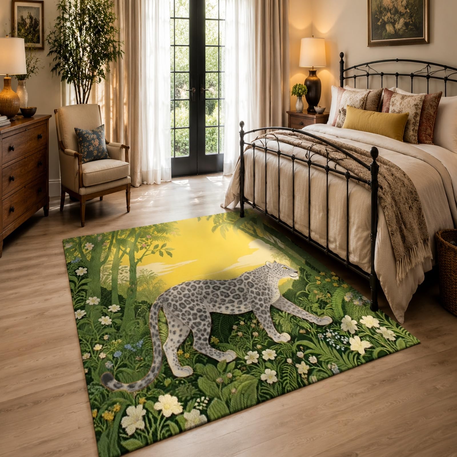 Tappeti, Rectangular 160 x 230 cm, Floreale retrò Verde Giallo Grigio Bianco, Tappeto Salotto Moderno Pelo Corto Lavabile, Decorazione Casa, Antiscivolo,