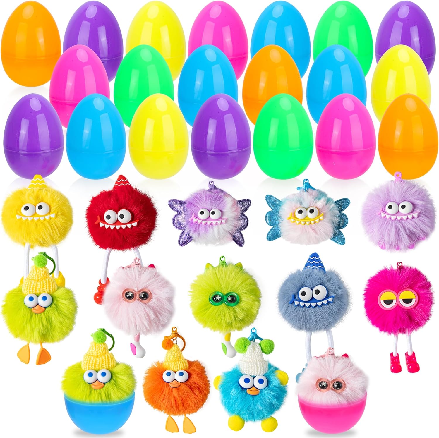 Valentines Day Gifts for Kids School Classroom Exchange, 28 Pack Monster Plush Keychains with 28 Cards Treat Bags and Ties, Non Candy Valentines Party Favors and Treasure Box Prizes, Green