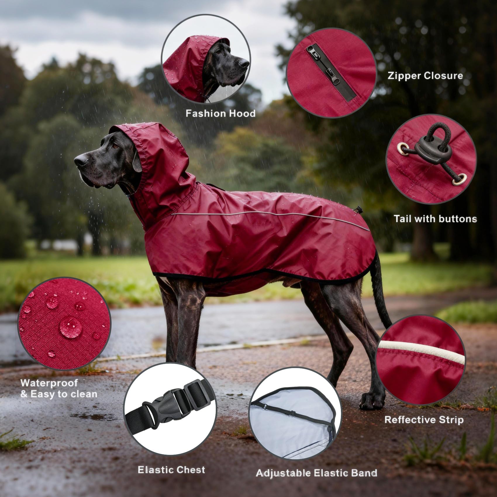 Giacca da Impermeabile per Cani Cappuccio Riflettente Cappuccio da Pioggia per Animali Domestici Poncho con Vestiti per Cani Piccoli e Medi (Rosso, S)