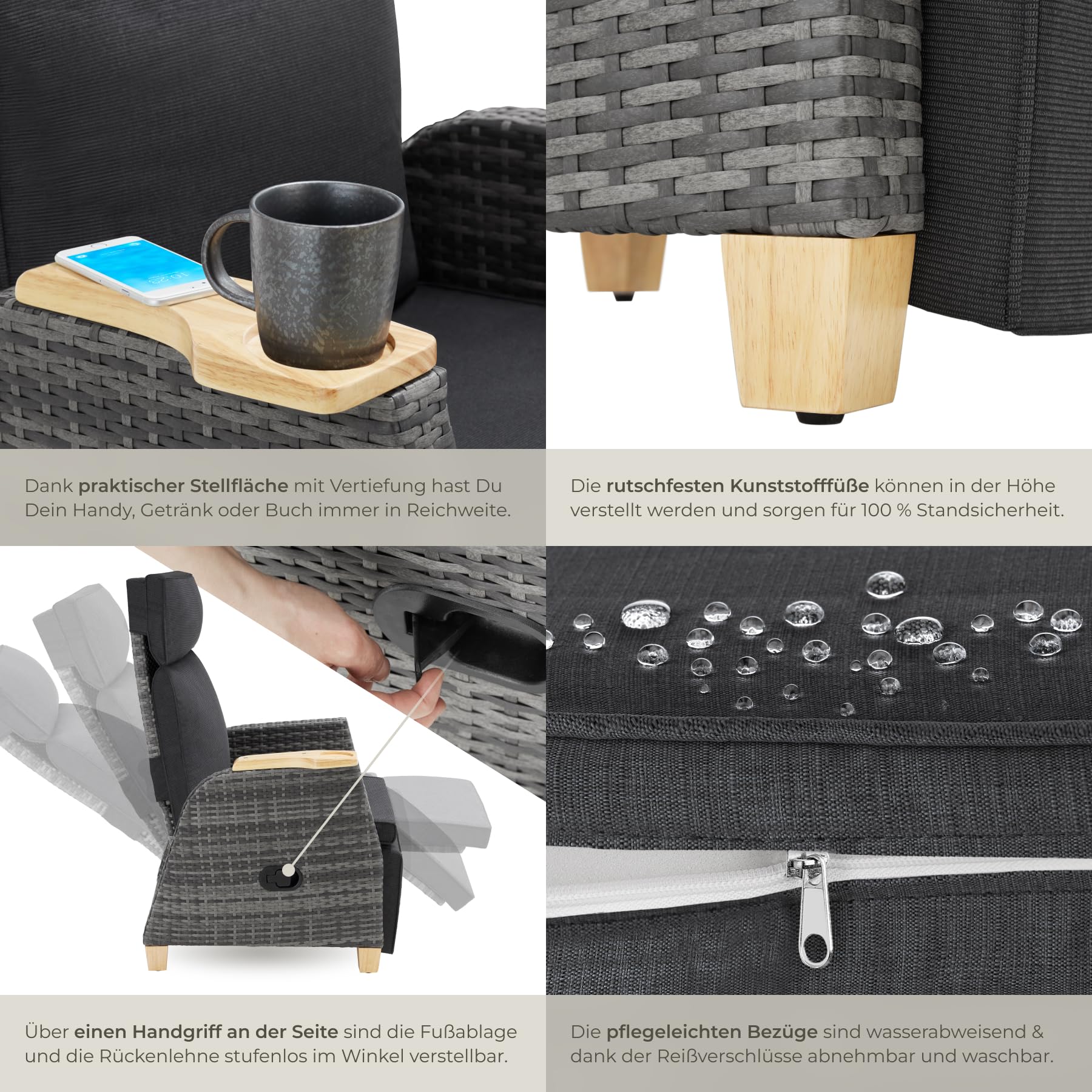 Tectake Rattan Outdoor Sessel Hochlehner mit Fußstütze verstellbare Lehne Relaxsessel Liegefunktion 2er Set