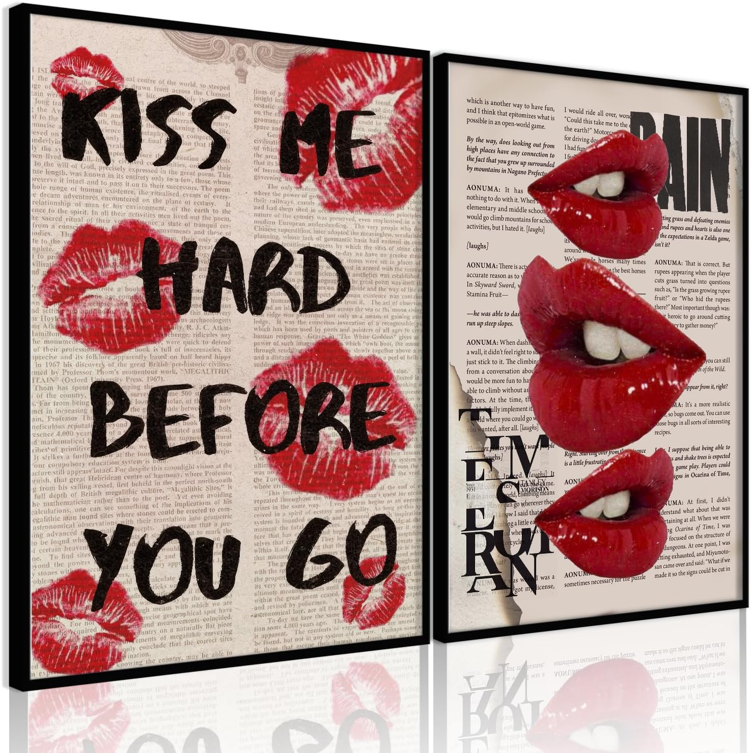 2Pcs Framed Fashion Canvas Wall Art Trendy Preppy Wall Decor Funky Red Lips Posters Retro Newspaper Picture Prints College Girls Aesthetic Room Decor Y2K Girly Dorm Bedroom Decor(12x16in)