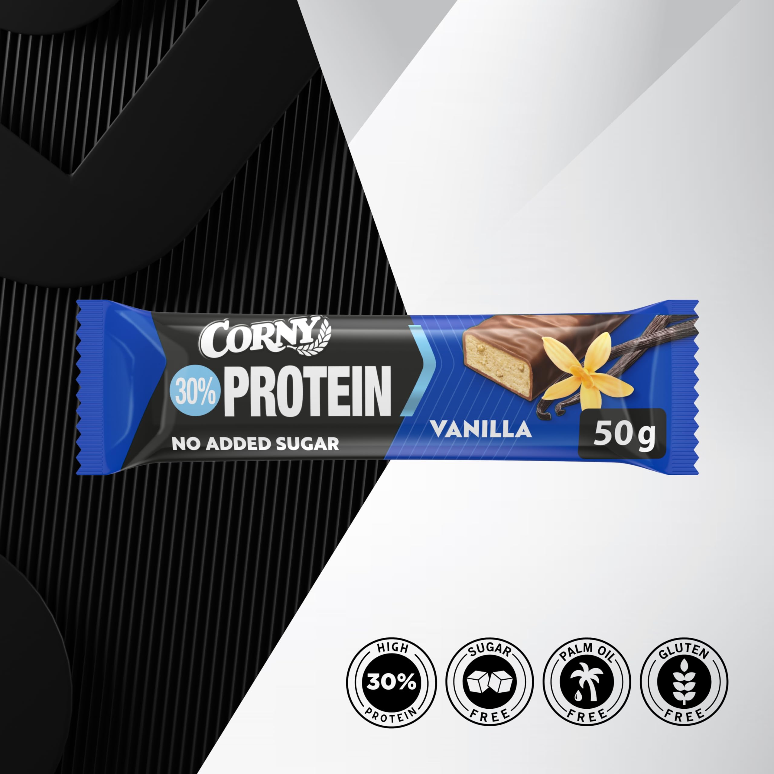 Barritas de Proteínas, Corny Protein, Vainilla recubiertas de Chocolate, 13,5 gr de Proteínas, 0% Azúcares Añadidos - Pack 18x50 g Taste the Power