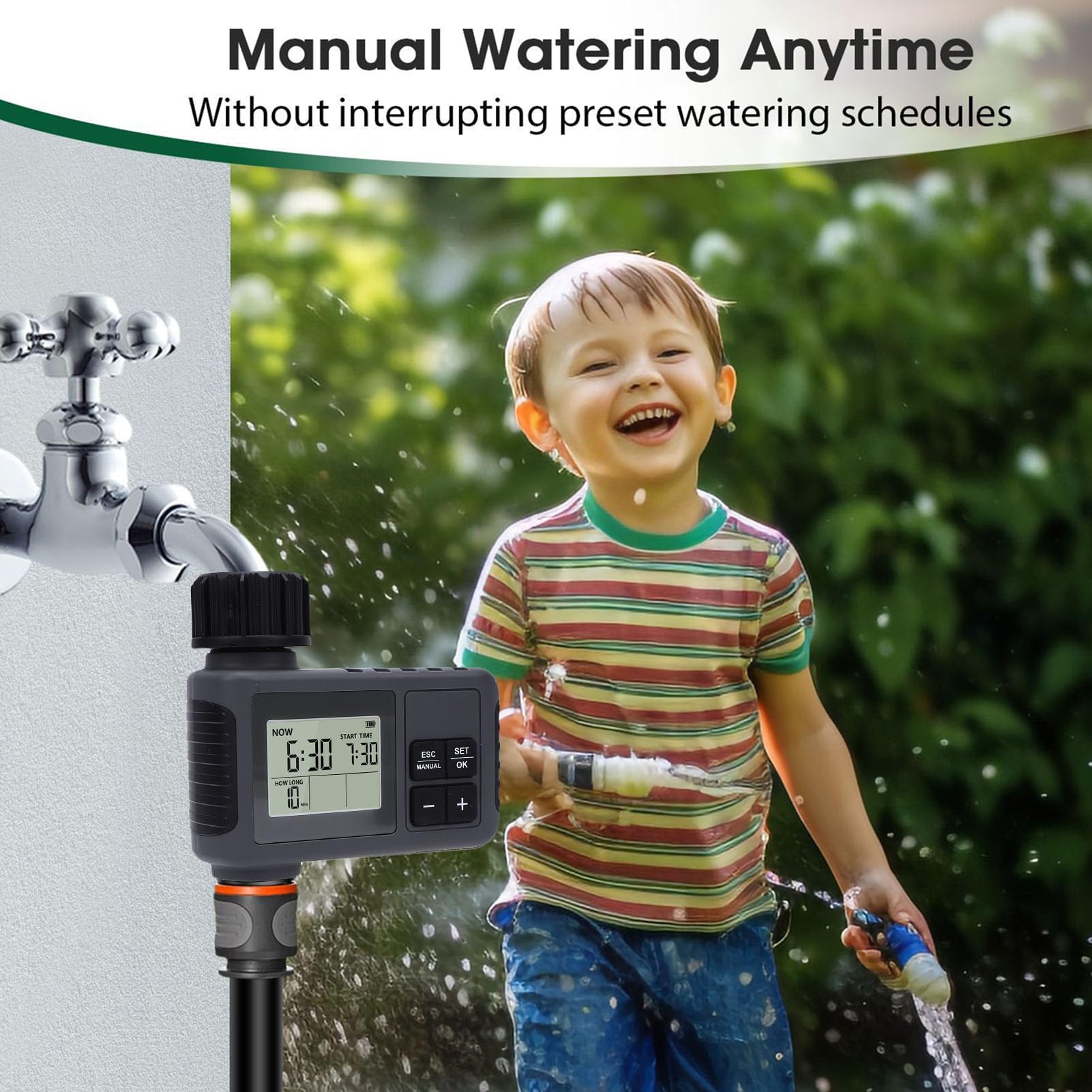 Programmatore Irrigazione Automatico per Giardino, Timer per Irrigazione LCD con Ritardo Pioggia, Impermeabile IPX5 per Rubinetto 3/4 Pollice, 0,5-8 Bar