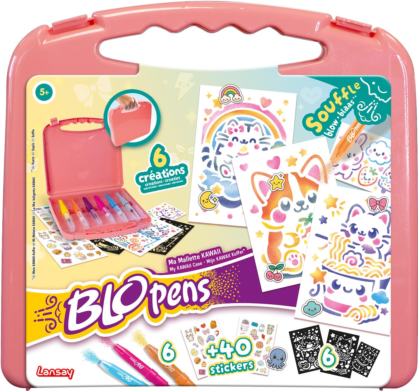 Lansay - BLOPENS - My Kawaii Briefcase - Felt-Tip Pens for Children to Blow Out - Portable Size Reusable Stencils - 6 Blopens 6 Stencils 6 Sheets + 40 Stickers - Washable Caps