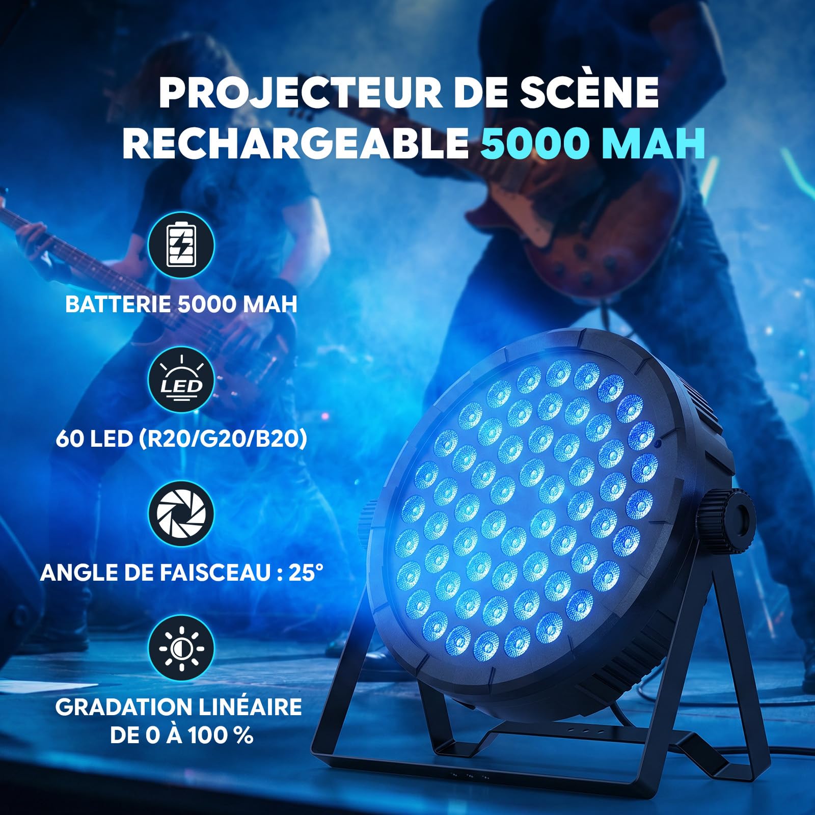 Par LED Projecteur, RGB 60 LED Lumière Par Led Batterie de Scène 7 Modes avec Télécommande DMX512 Jeu de Lumiere Jeux de Lumiere effet de lumière DJ pour show bar, fête, festival de musique