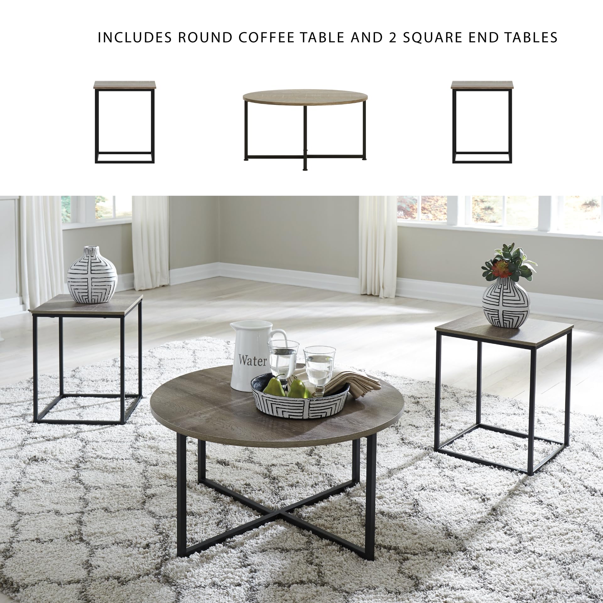 Signature Design by Ashley 3-Piece Living Room Coffee and End Table Set | Round coffee and square end tables Laminate engineered wood Dark metallic frames Contemporary style Wadeworth Series product thumbnail 7