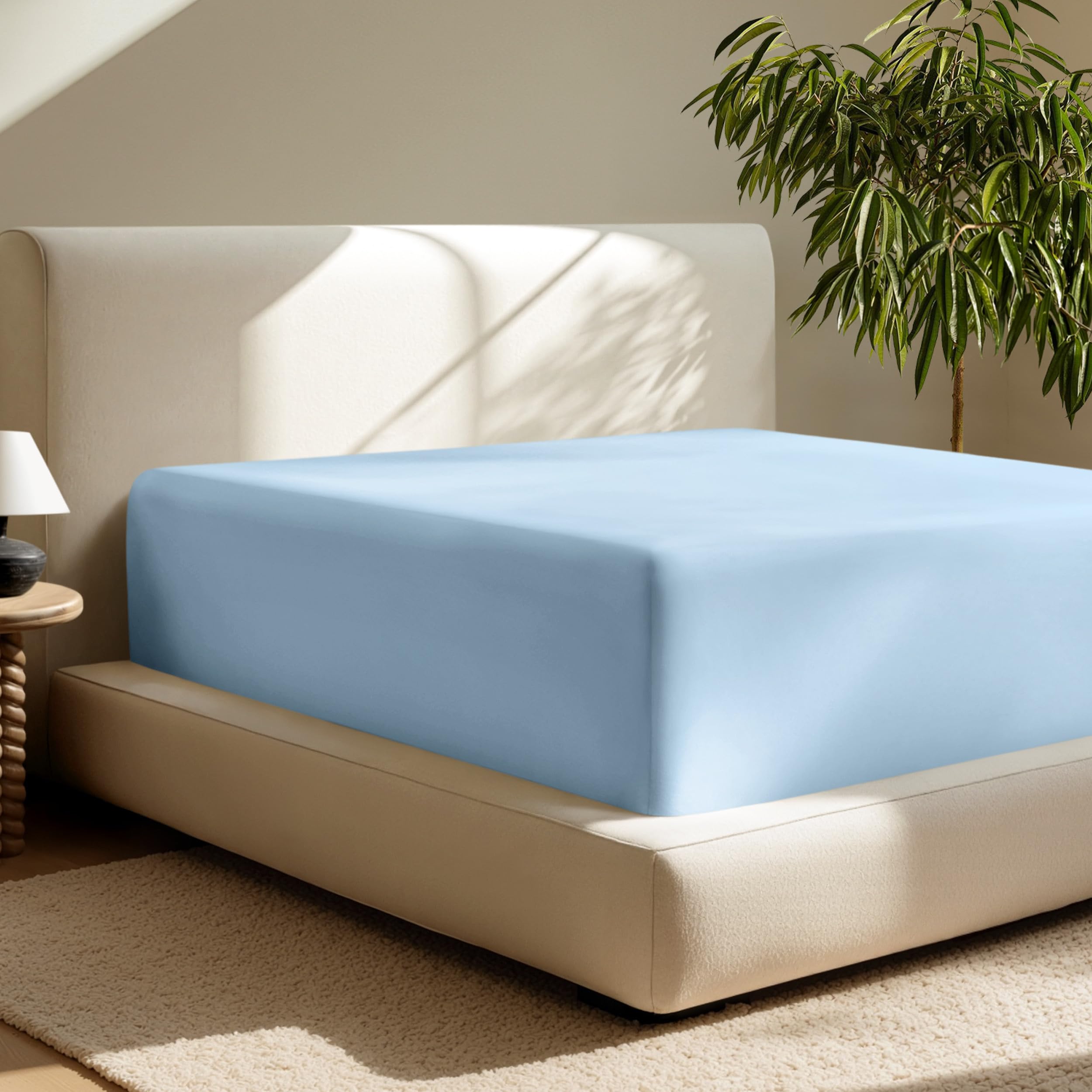 bare home queen fitted sheet - extra deep pocket fitted sheet - premium 1800 microfiber - ultra-soft wrinkle free - queen deep pocket bottom sheets (queen - 11" to 22" pocket, light blue)