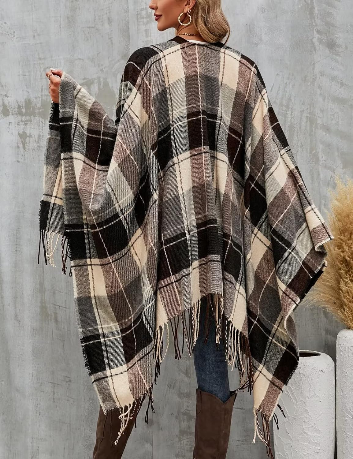 VIMPUNEC Women Boho Buffalo Plaid Poncho Pashmina Shawl Wrap Cape Sweater Knitting Cardigan with Tassel - Image 2