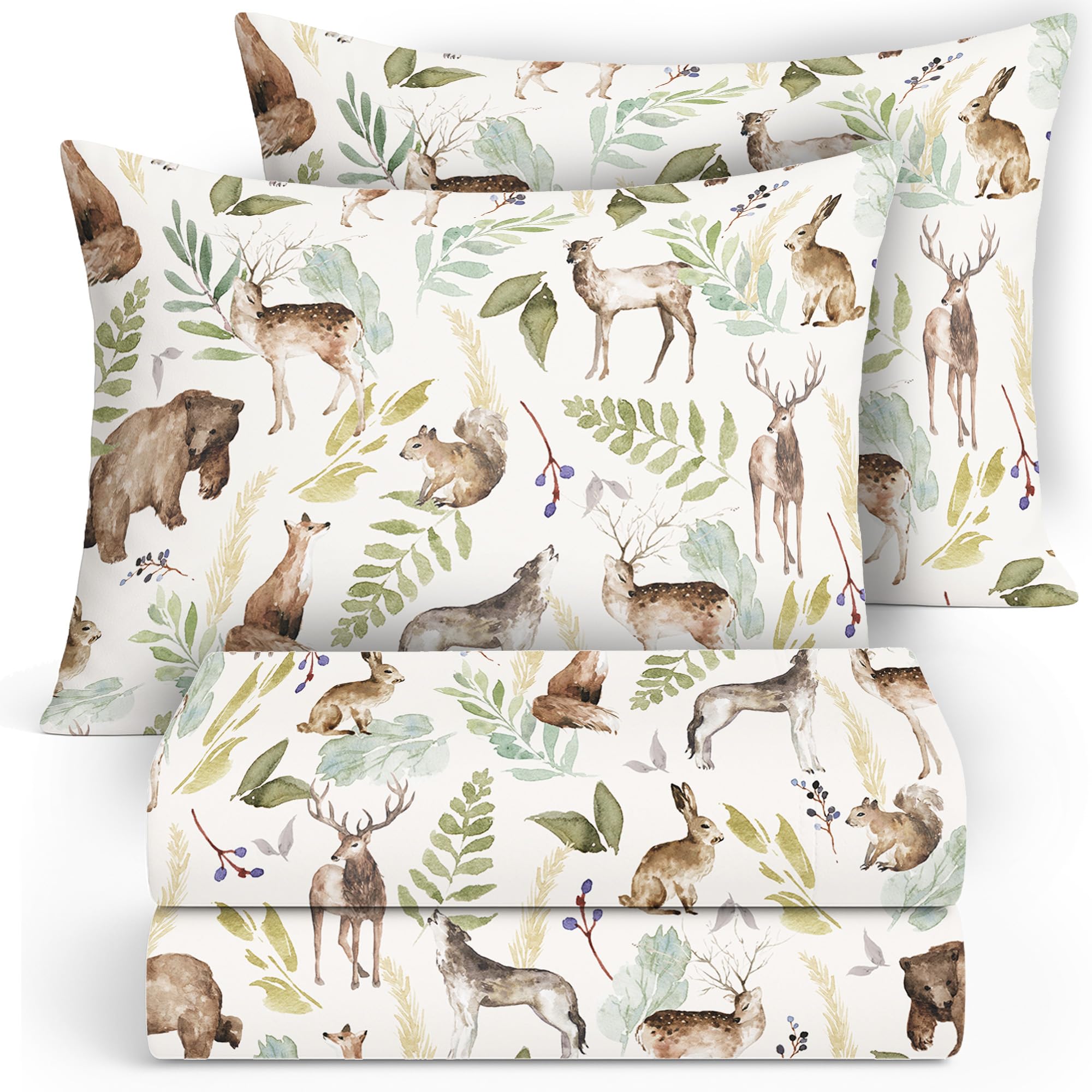 Pobibaby Full Sheet Set Kids, 4-Piece, Cotton Blend (Wildlife Animal)