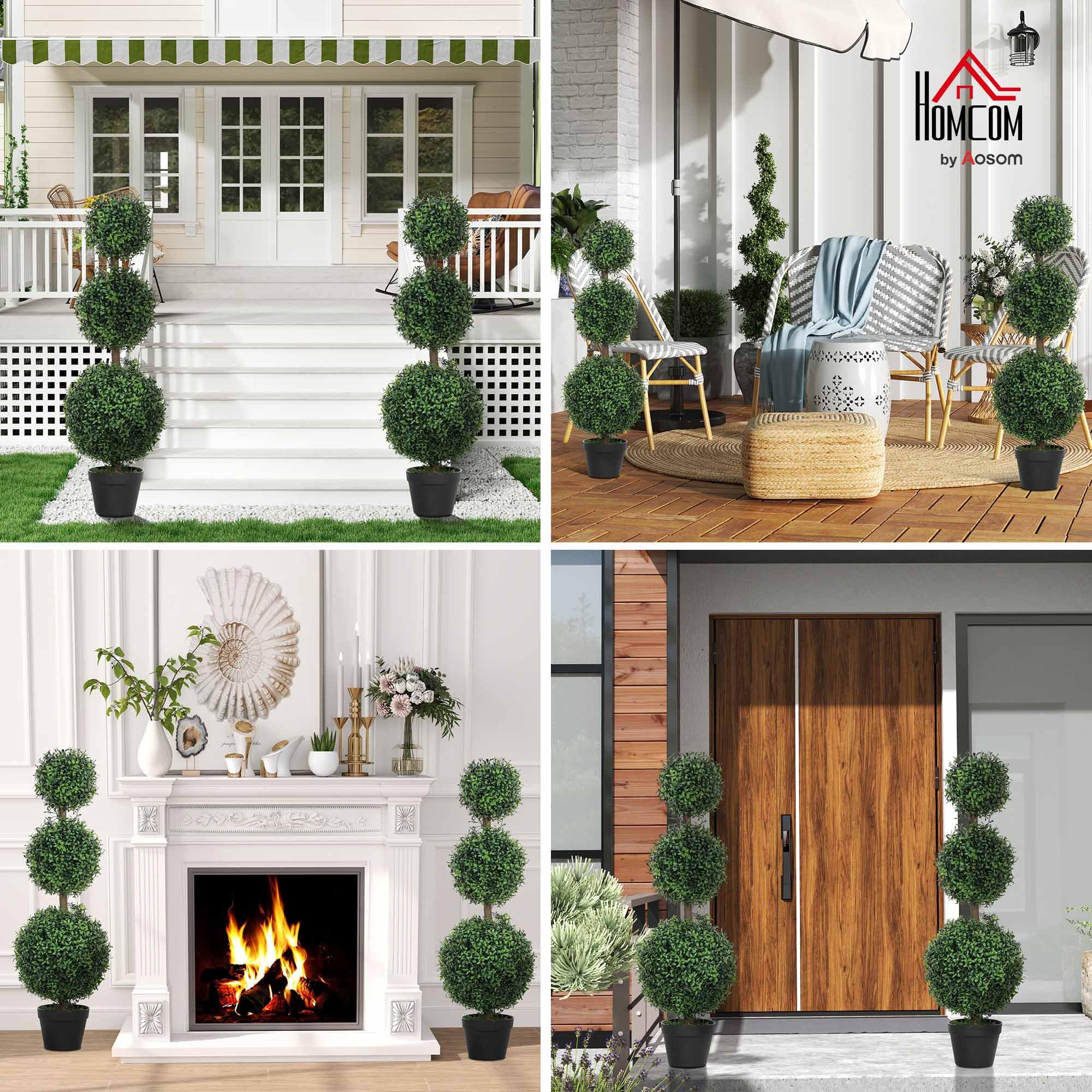 HOMCOM Lot de 2 Arbres artificiels décoratifs en Forme de Boule topiaire en Pot - Plantes artificielles pour la décoration intérieure et extérieure - 100 cm - 3 Boules d'arbre