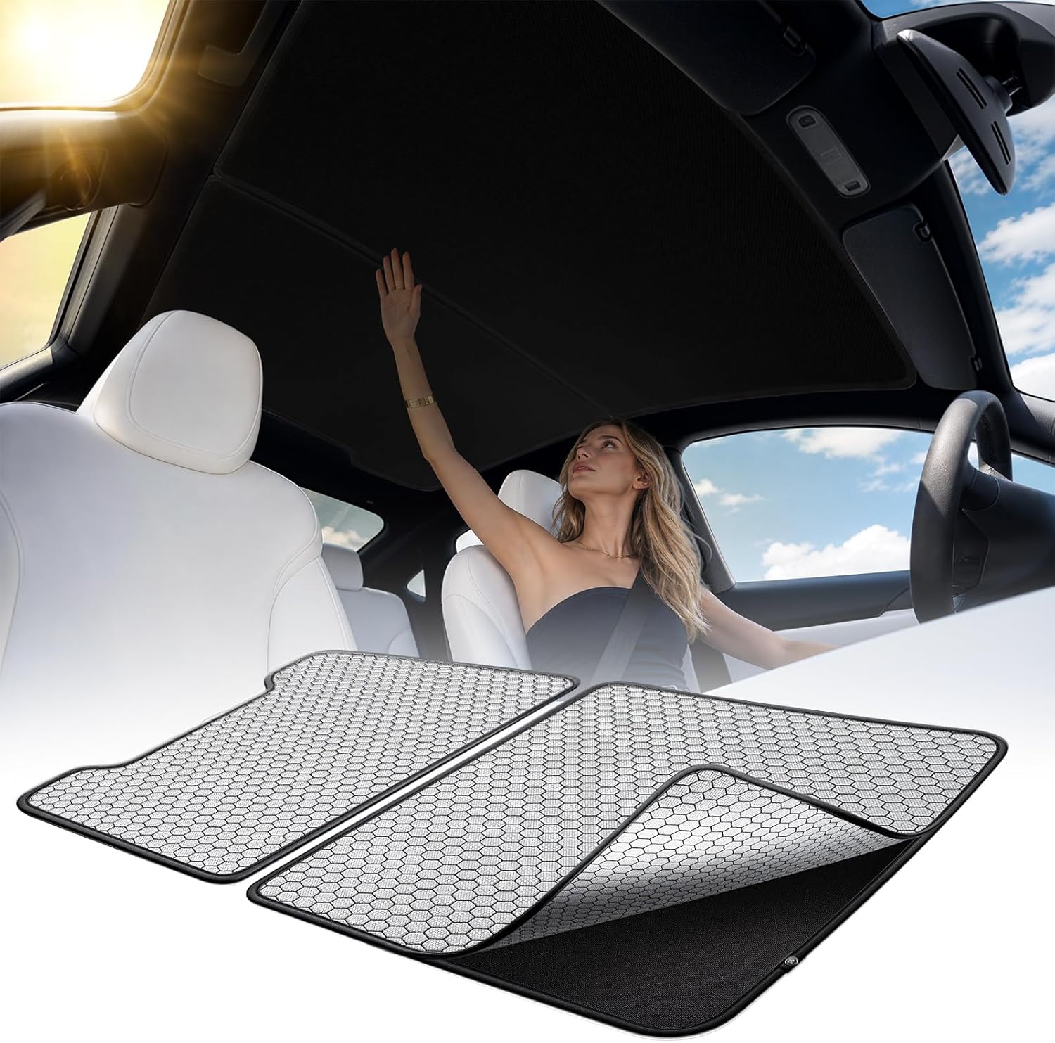 Nmoiss Double-Layer Roof Sunshade for 2026 Tesla New Model Y Premium Performance – Graphene + Ice-Crystal Cooling, 99% UV Protection, Ultra-Fit No-Sag Design, Keeps Cabin Cooler in Hot Weather
