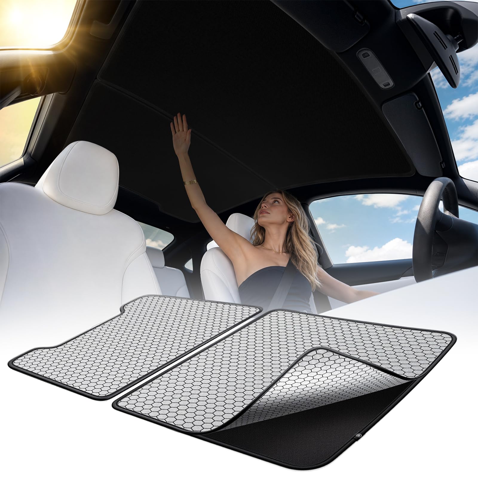 Photo 1 of Nmoiss Double-Layer Roof Sunshade for 2026 Tesla New Model Y Premium Performance – Graphene + Ice-Crystal Cooling, 99% UV Protection, Ultra-Fit No-Sag Design, Keeps Cabin Cooler in Hot Weather