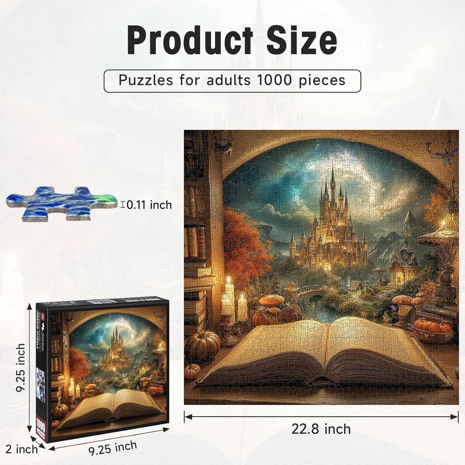Magic Book Puzzles for Adults 1000 Pieces with Letters on Back, Fantasy Castle & Enchanted Study Scene, 22.8x22.8 Inch Challenging Jigsaw, Home Decor & Game Night Gift