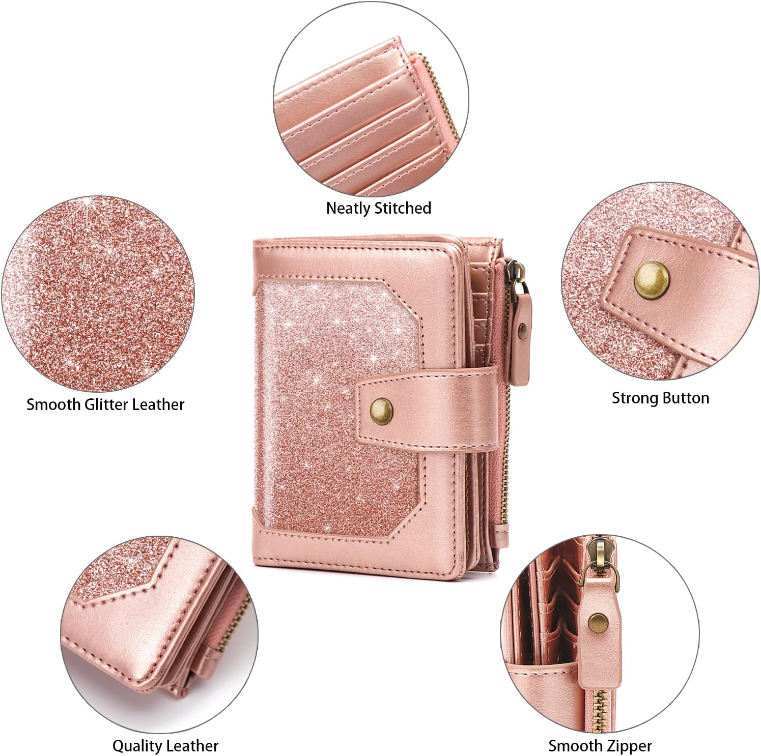Small Glitter Women Wallet,Bifold Purse RFID Blocking Credit Card Holder Wallet with Zipper Pocket,Rose Gold Glitter - Image 4