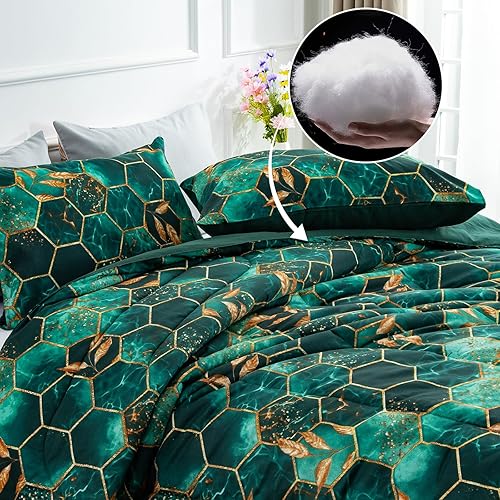 Miniatura 3 de A Nice Night Juego de edredón estampado de mármol, tamaño Queen, tema geométrico hexagonal con hojas doradas, juegos de ropa de cama modernos con