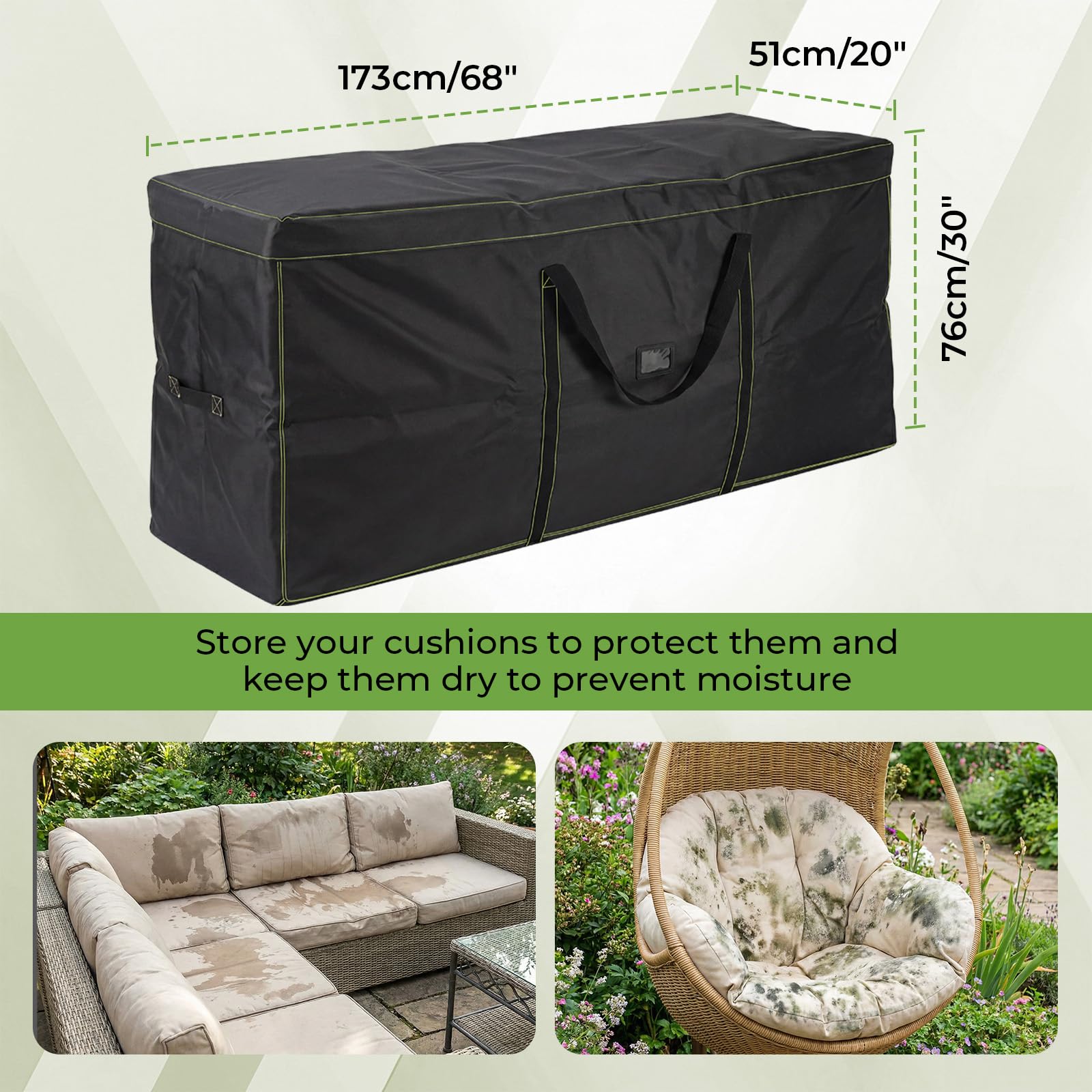 GARPROVM Sac de rangement XXL pour coussins de jardin & meubles d’extérieur, 173x51x76 cm Sac de rangement pour meubles de jardin en tissu Oxford 420D doux, résistant à l’eau et à la poussière